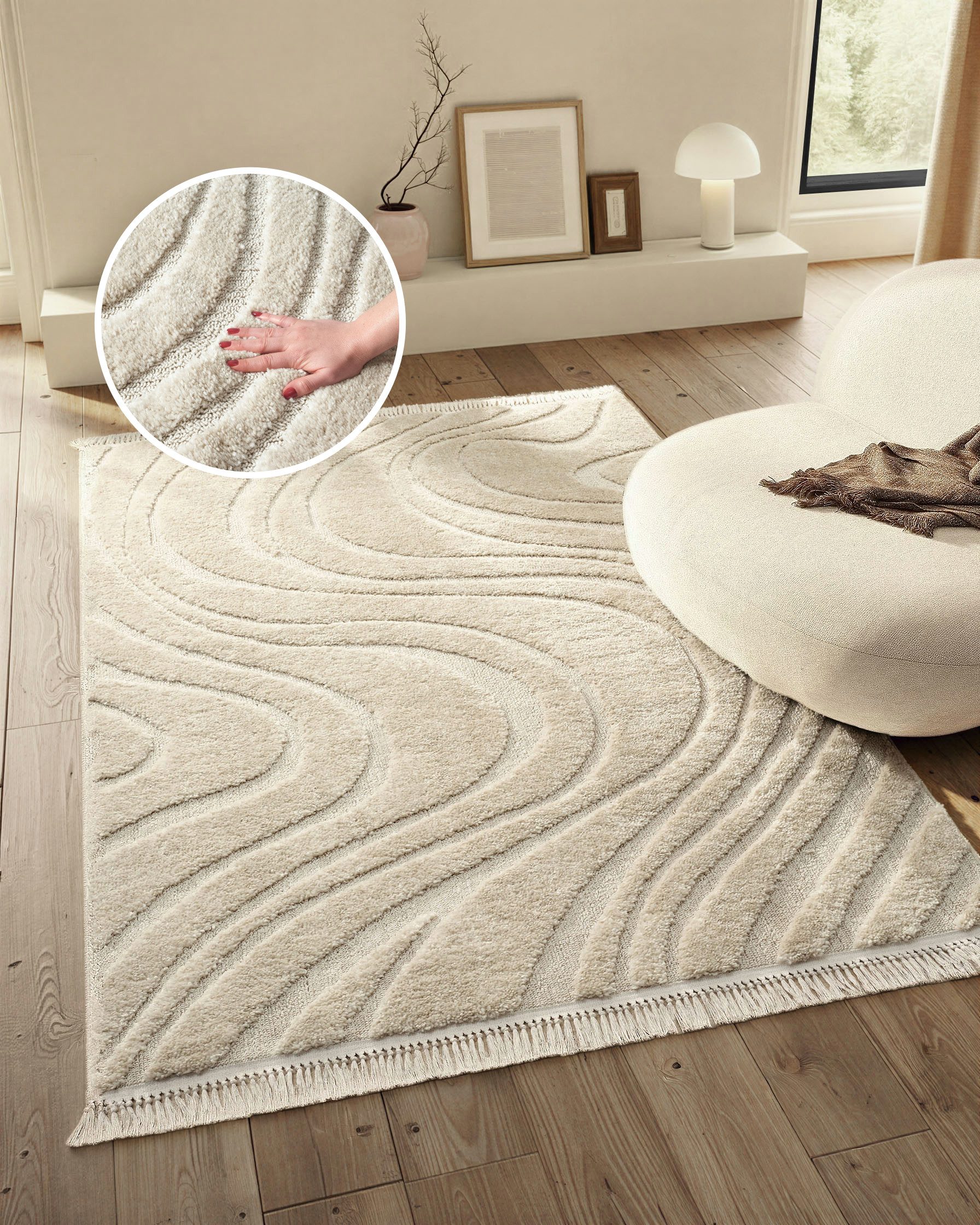 homsy by Ana Johnson Teppich Waavy mit Fransen, Wellen Design, rechteckig, Höhe: 20 mm, Boho, 3D Optik, Scandi, Hoch-Tief, Wohnzimmer, Schlafzimmer