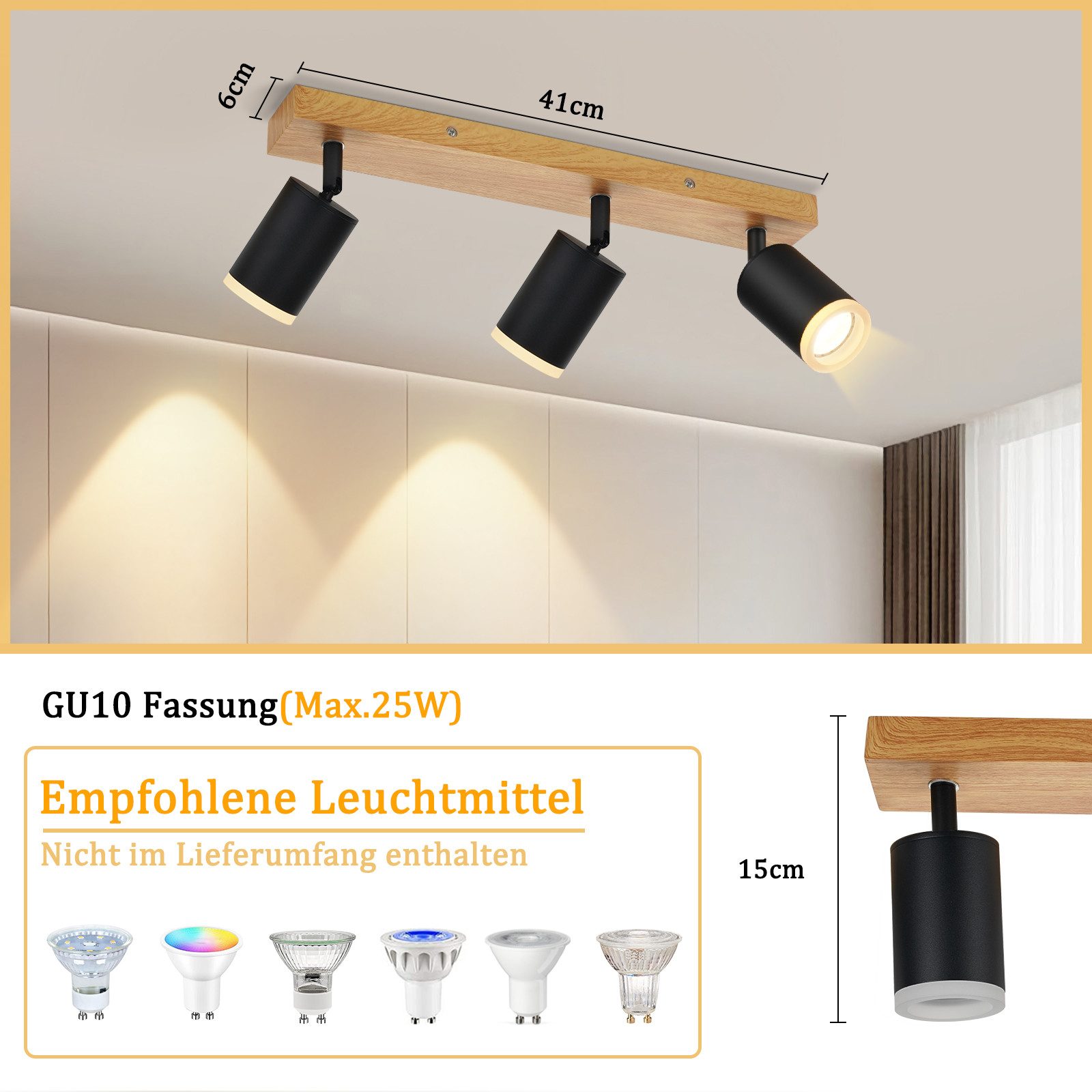 ZMH LED Deckenstrahler 2/3/4 Flammig GU10 Holz-Acryl Deckenleuchte 350° Dre günstig online kaufen