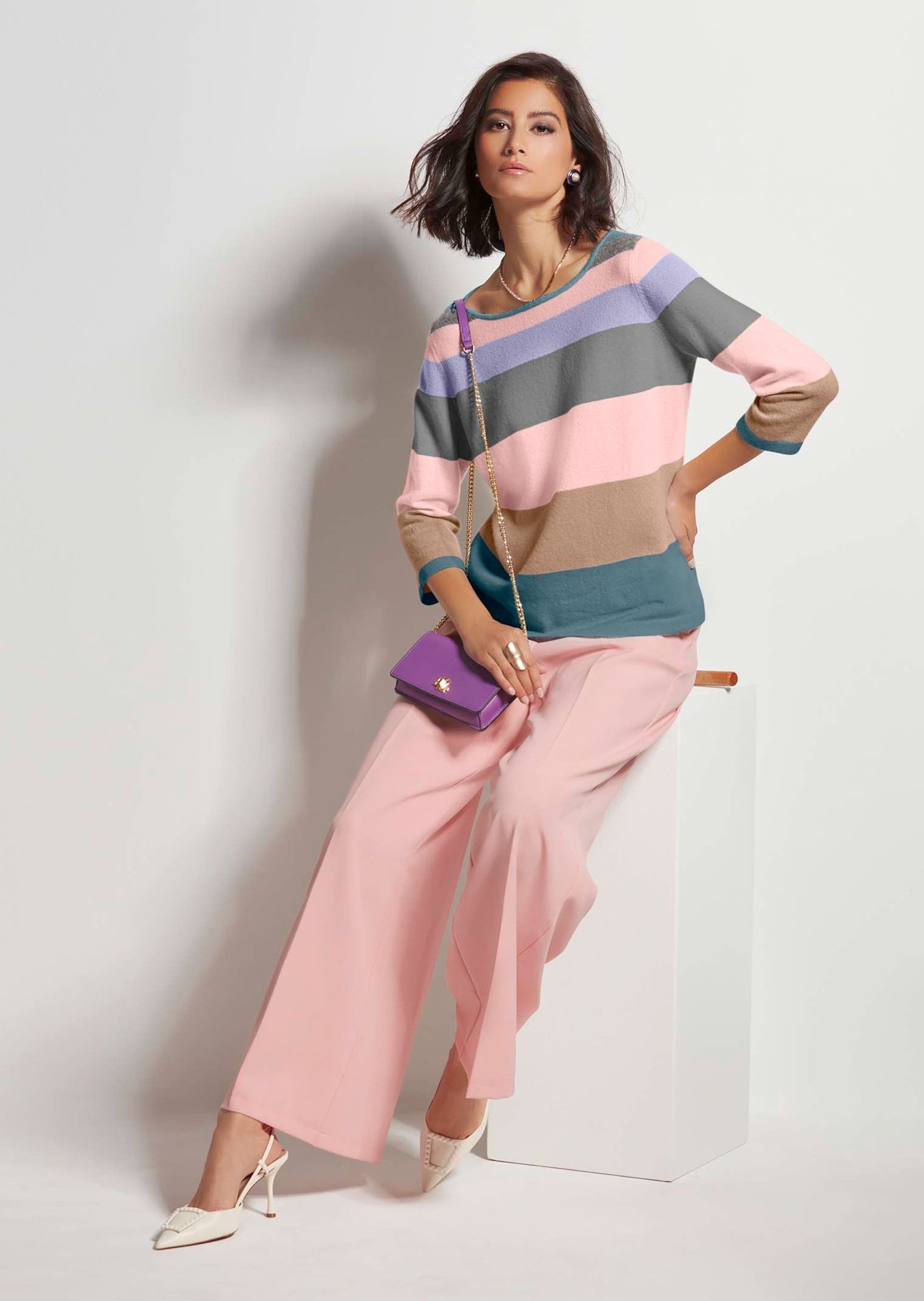 MADELEINE Strickpullover Moderner Streifenpullover mit U-Boot-Ausschnitt Wollpullover im Streifen-Design mit 3/4-Ärmeln