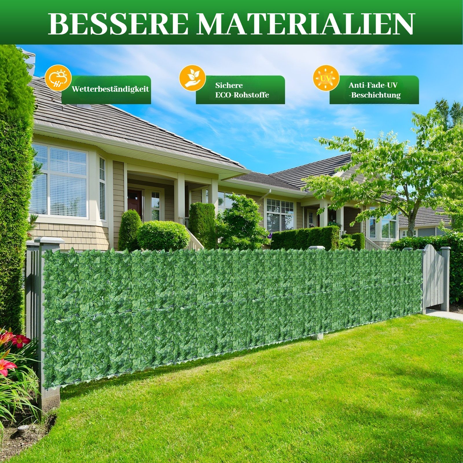 BlingBin Balkonsichtschutz Sichtschutzhecke Windschutz Efeu Sichtschutz Blätterzaun 1x3M (1er Set, 1-St., 300x100cm) Kunsthecken-Sichtschutz für Balkon und Terrasse, 2026 Neues Upgrade