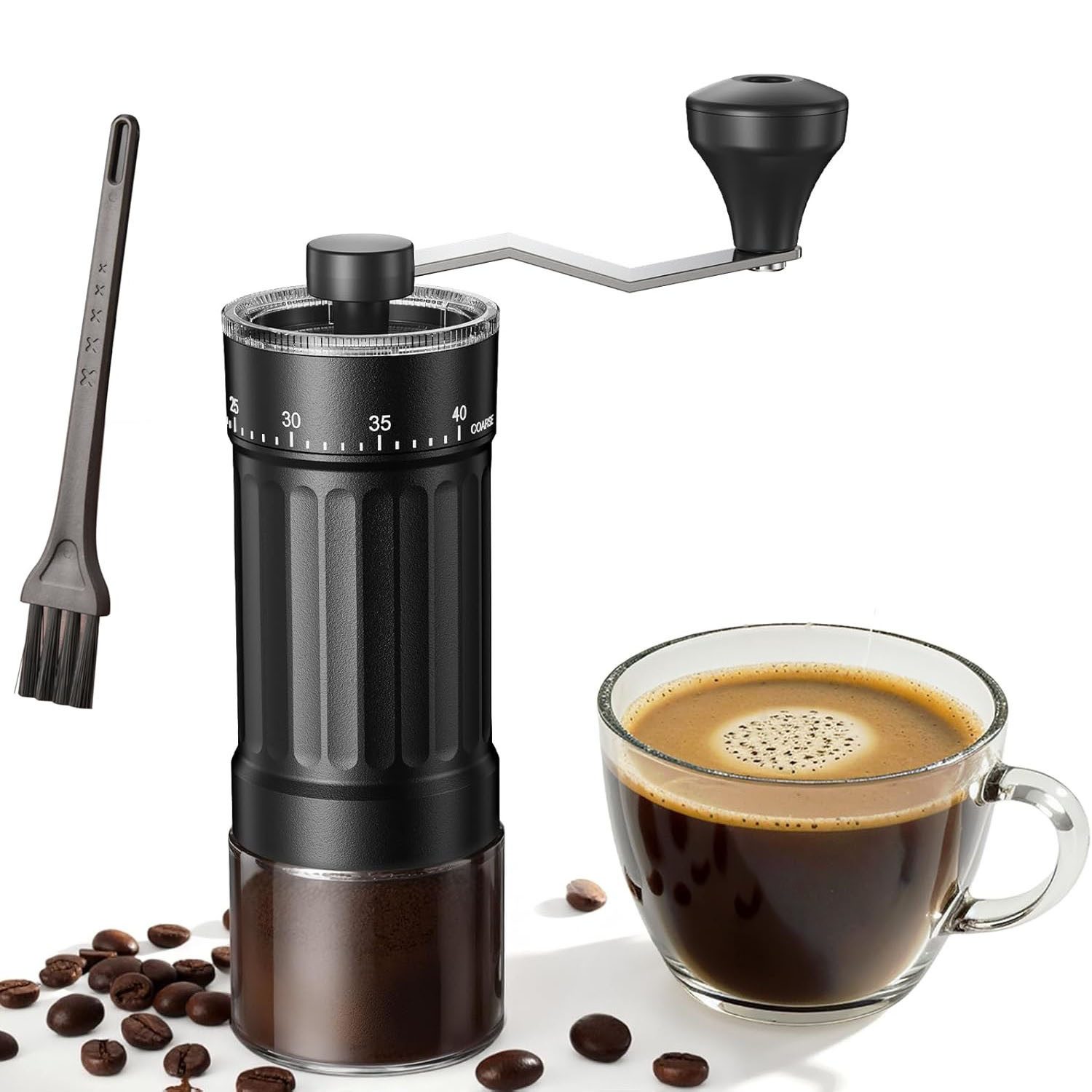 HEYHIPPO Kaffeemühle Manuelle Espressomühle, Kaffeemaschine mit Handkurbel, Haushaltsmühle, 0 W, Keramik-Mahlkern, 25 g Bohnenbehälter, Tragbare Handmühle für Kaffeebohnen, 40-stufiger Mahlgrad einstellbar