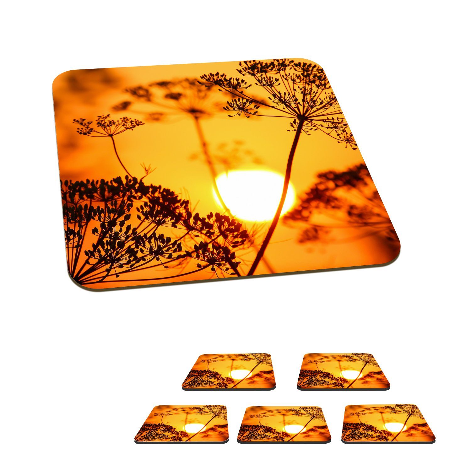 MuchoWow Glasuntersetzer Pflanzen - Blumen - Sonnenuntergang - Orange, Zubehör für Gläser, 6-tlg., Glasuntersetzer, Tischuntersetzer, Korkuntersetzer, Untersetzer, Tasse