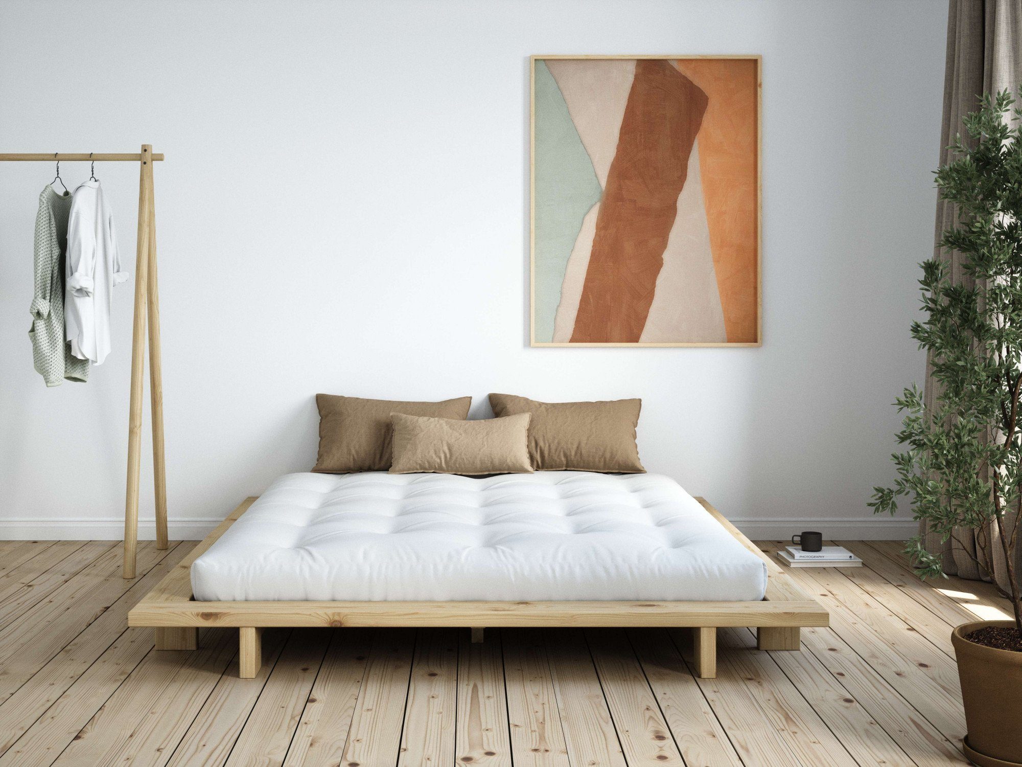 Karup Design Bettgestell JAPAN BED, Futonbett, Bodenbett, Holzrahmen, Jugendbett, Holzbett, Massivholzbett mit Lattenrost, Kiefer massiv, Doppelbett ohne Kopfteil