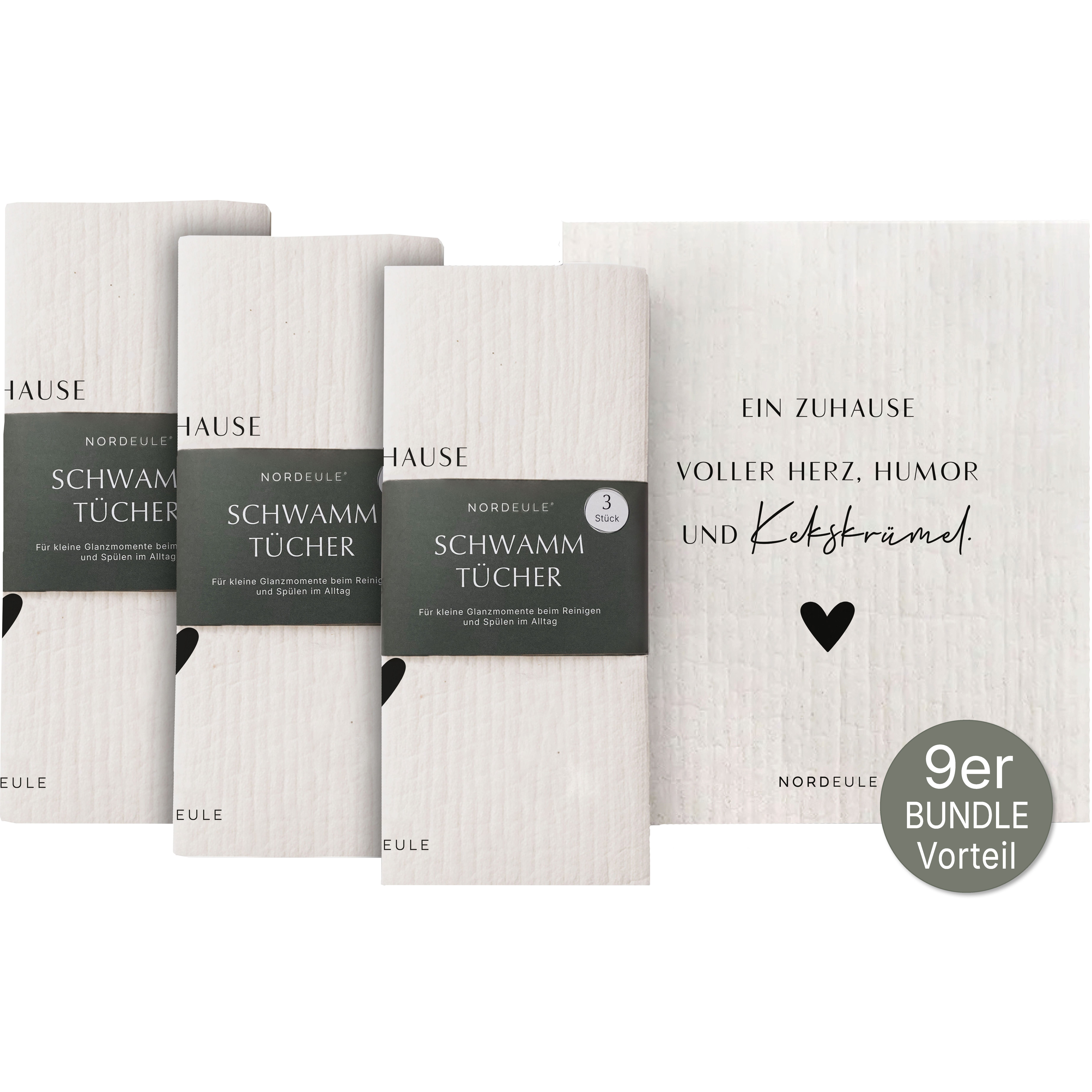 NORDEULE Zuhause voller Herz Spruch Schwarz-Weiß Reinigungstuch (70 % Holz-Zellulose, 30 % Baumwolle, Set, 9-tlg., perfekt als Geschenk, Mitbringsel, für Freunde oder die ganze Familie)
