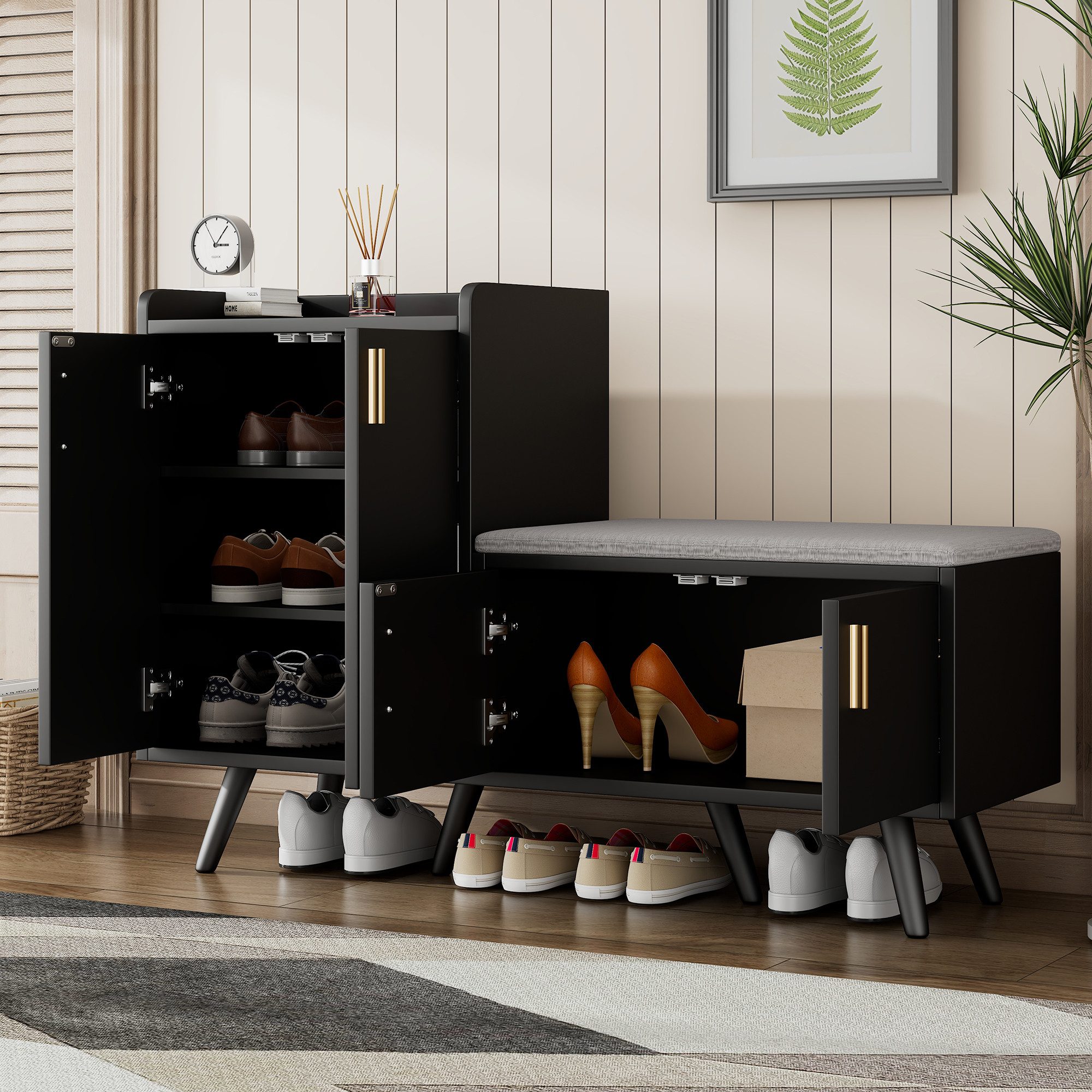 OKWISH Schuhbank Schuhschrank, ausgestattet mit vier Aufbewahrungstüren (Schuhbank mit Holzmaserung und asymmetrischen Metallgriffen – 4 Aufbewahrungstüren, gepolsterte Sitzfläche, stilvoll und funktional, 1-St), mit Sitzbank, verstellbare Böden, asymmetrischen Metallgriffen