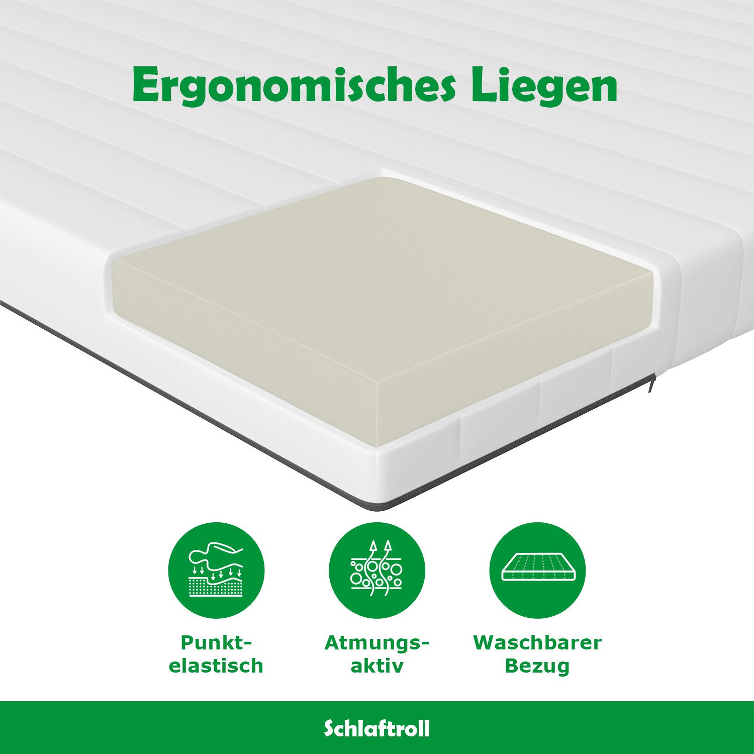 Kaltschaummatratze mit ergonomischem Härtegrade H3, Made in Germany, Schlaftroll, verfügbar in 140x200 cm, 90x200 cm, 180x200 cm und weiteren Größen