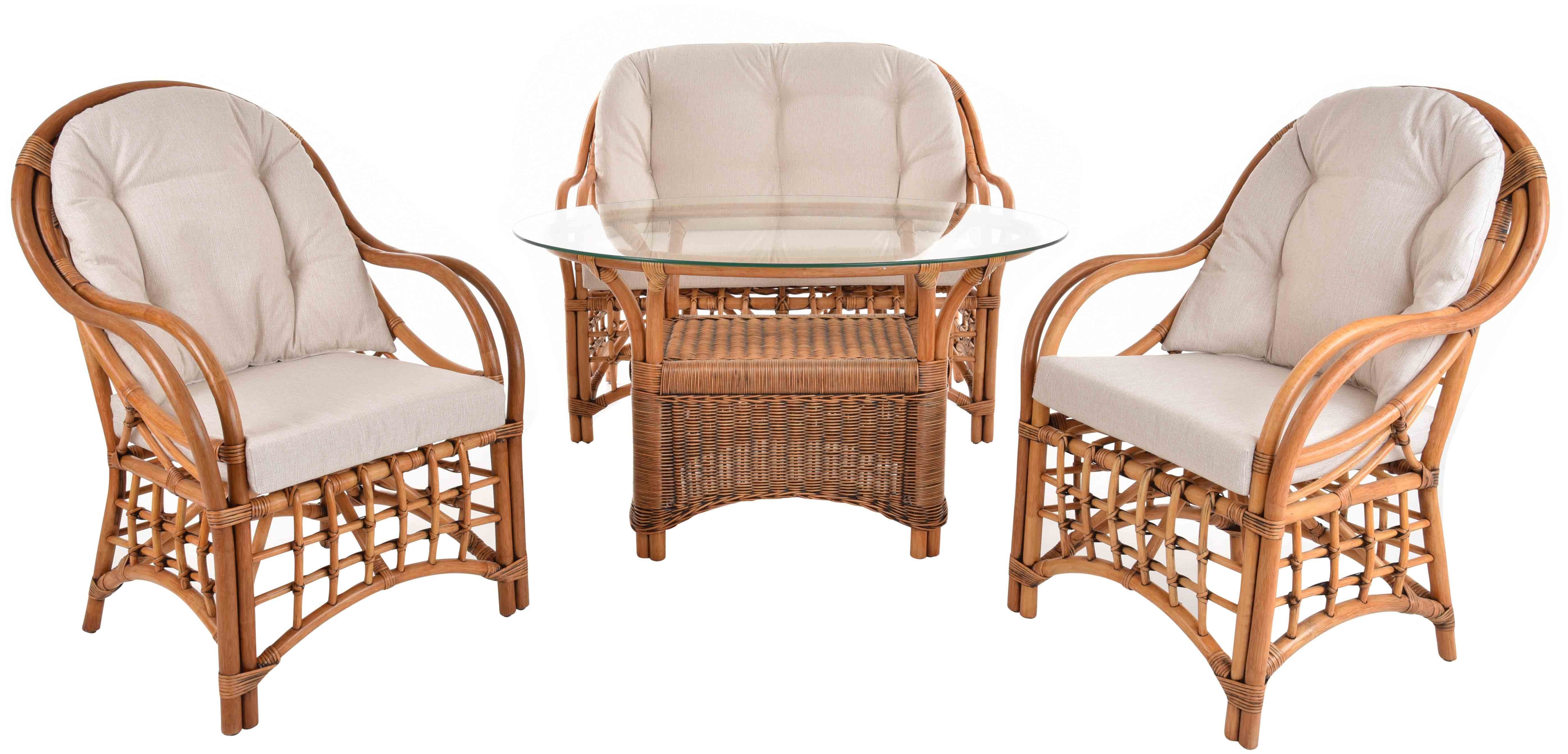 Krines Home Sitzgruppe Set/4 Rattan Henry Rattanset Wintergarten Garnitur Rattanmöbel Gruppe, (4-tlg., 2x Sessel, 1 x Zweisitzer, 1x Tisch), Tisch mit Glasplatte