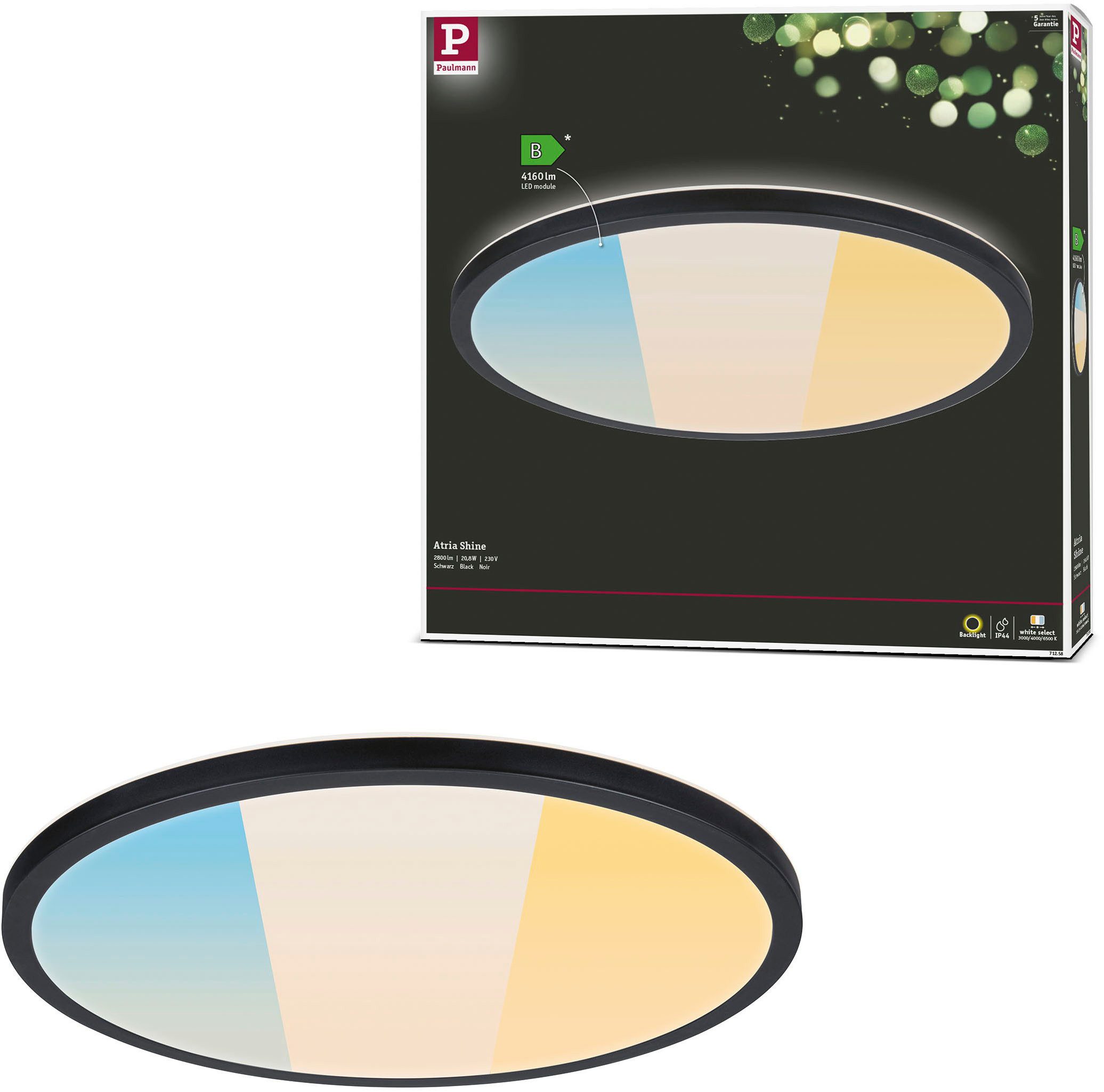 Paulmann LED Deckenleuchte LED Panel Atria Shine IP44 rund 398mm White Switch, LED fest integriert, Tageslichtweiß, Farbwechsler, Farbsteuerung