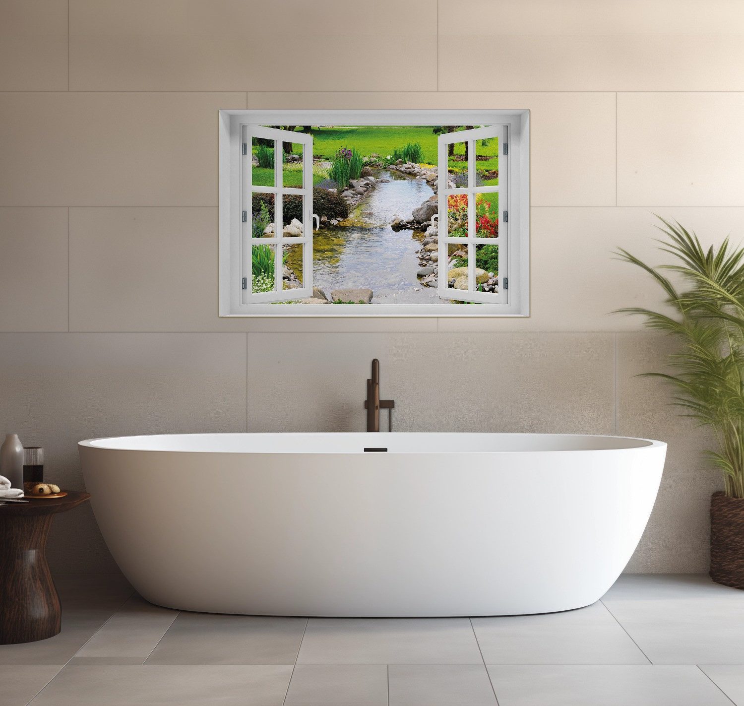 Wallario Wandfolie, Blumen am Teich, mit FensterIllusion