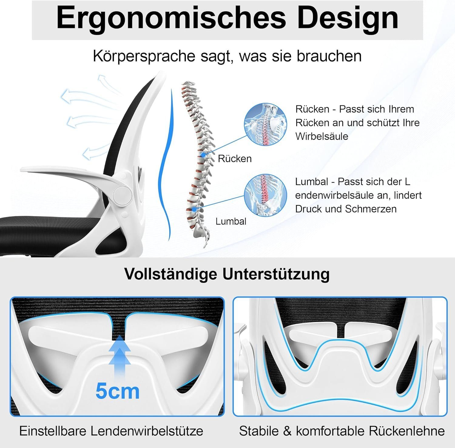 Lendenwirbelstütze,Höhe,drehbarer Schreibtischstuhl Bürostuhl Primy und mit Chair hochklappbaren (Computer verstellbarer mit Lendenwirbelstütze Office Armen),