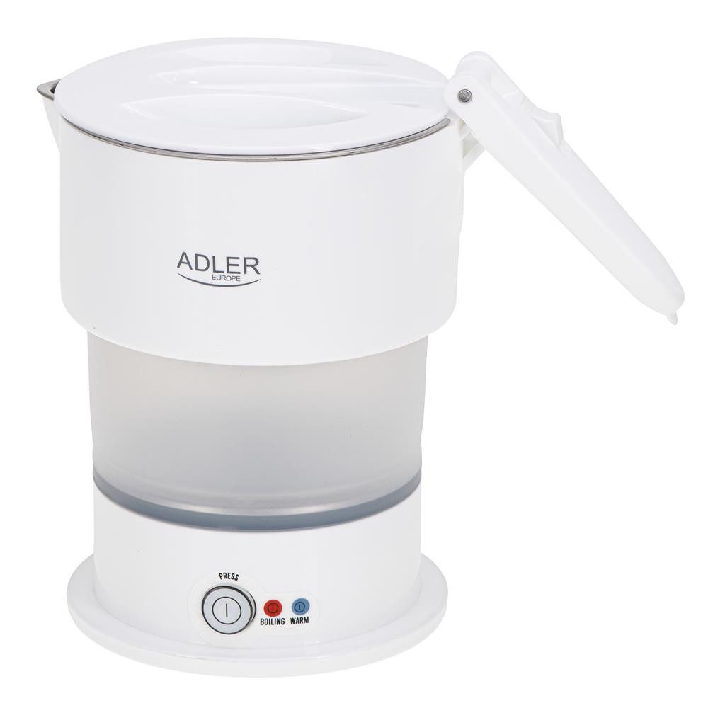 ADLER EUROPE Reise-Wasserkocher AD 1377 faltbarer Reisewasserkocher, mit Warmhaltefunktion, Tasche, 0,6 l, 600 W, Silikongehäuse, Reise, Camping, Wohnmobil und Hotel, weiß