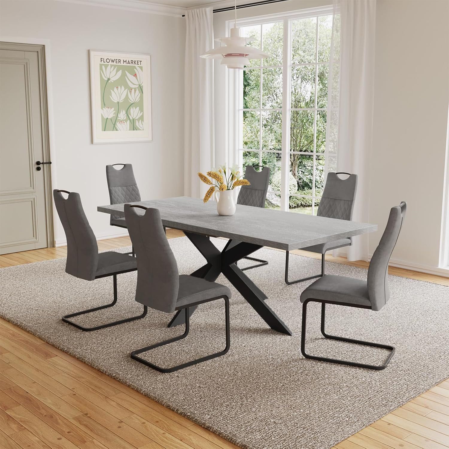 Jiexi Esstisch Tisch-und Stuhlset, Ausziehbarer Esstisch (130–170 cm) mit 4-6 Stühlen, ausziehbarer, hohe Härte, für 6 Personen
