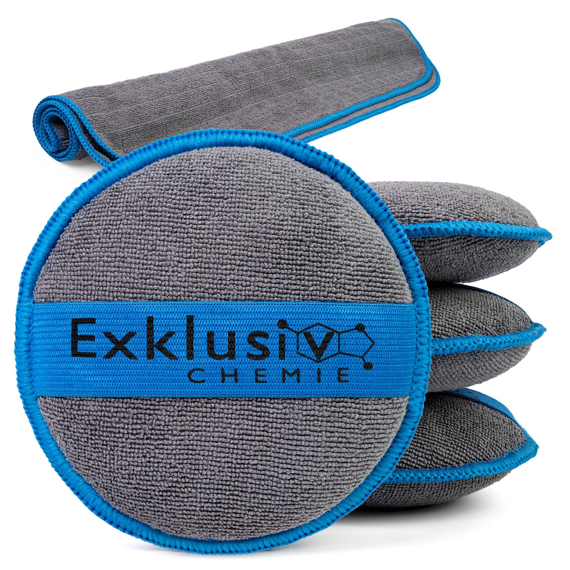 Exklusiv Chemie GmbH Handpolierschwamm 4er Set Mikrofaserpad (11L x 2,5B x 11D cm, 4-tlg., 4x Handpolierschwamm + 1x Mikrofasertuch, Auftragen von Politur, Wachs & Pflegemittel)