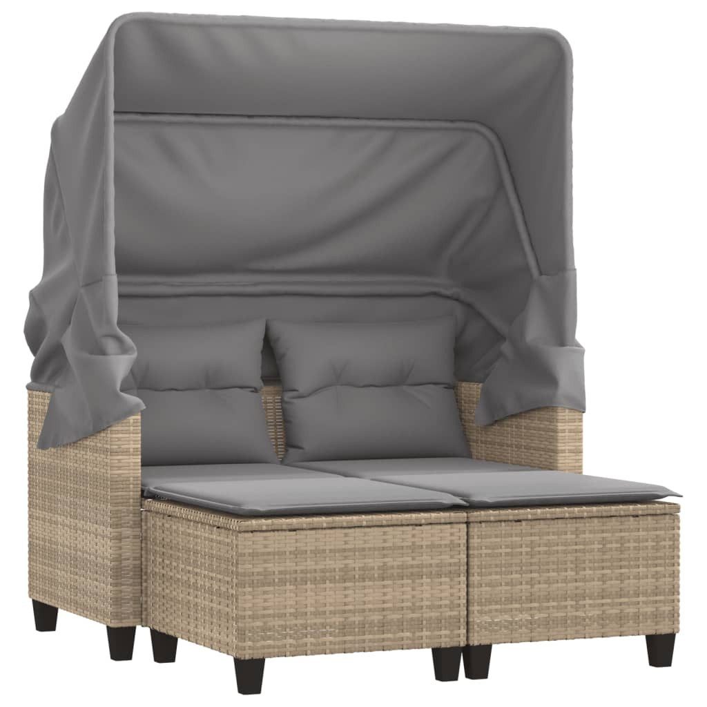 vidaXL Sofa, Gartensofa 2-Sitzer mit Dach und Hockern Beige Poly Rattan