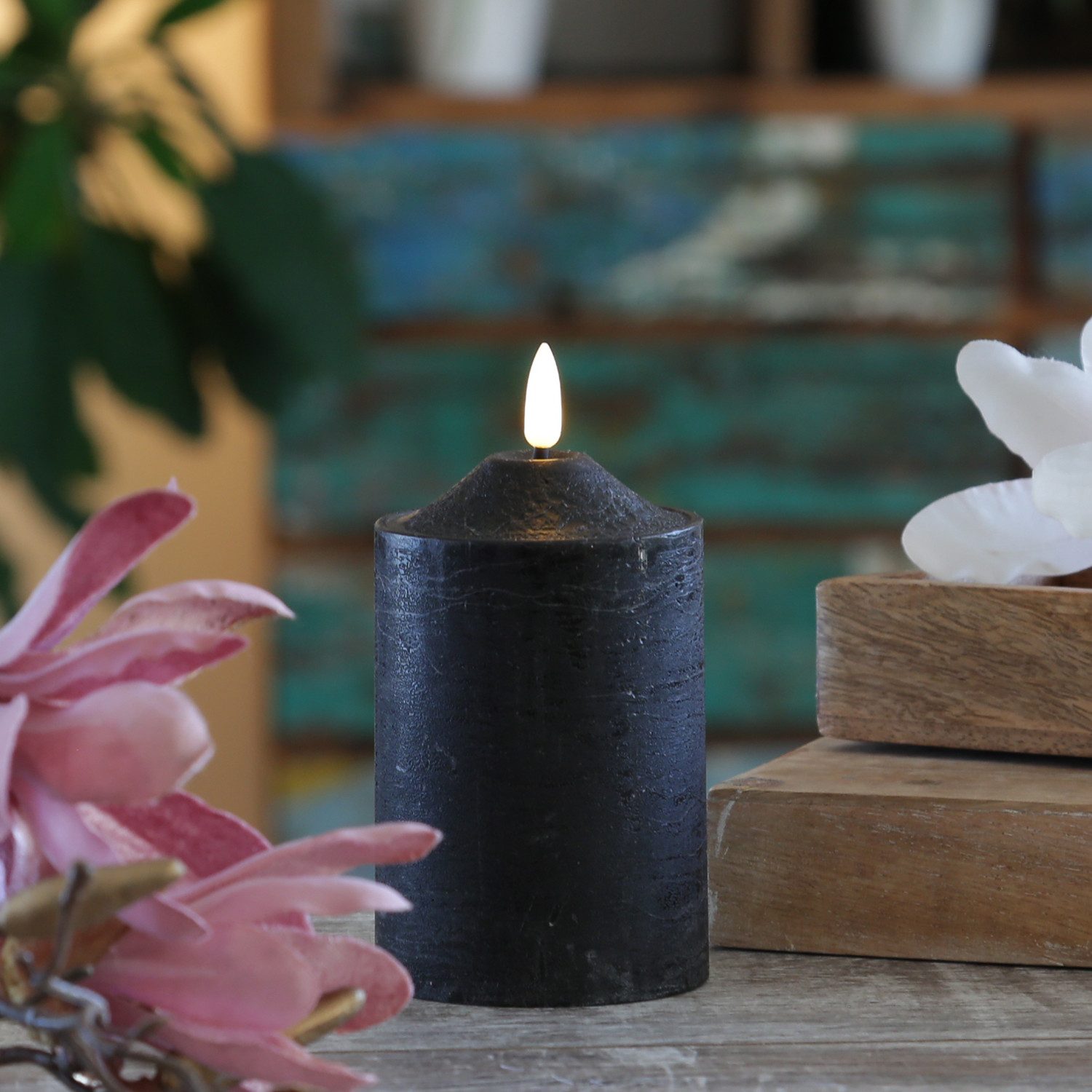 MARELIDA LED-Kerze Rustik-Optik Echtwachskerze H: 15cm, D: 7,5cm Timer schw günstig online kaufen