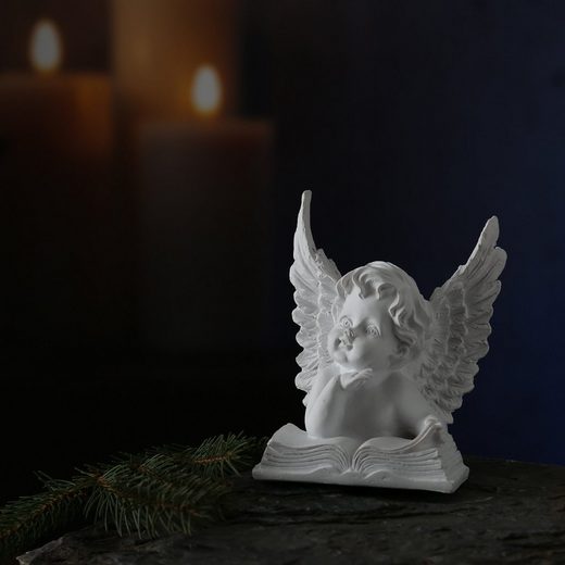 MARELIDA Engelfigur »Träumender Engel mit Buch Gartenfigur Grabschmuck Grabengel weiß Blick rechts«