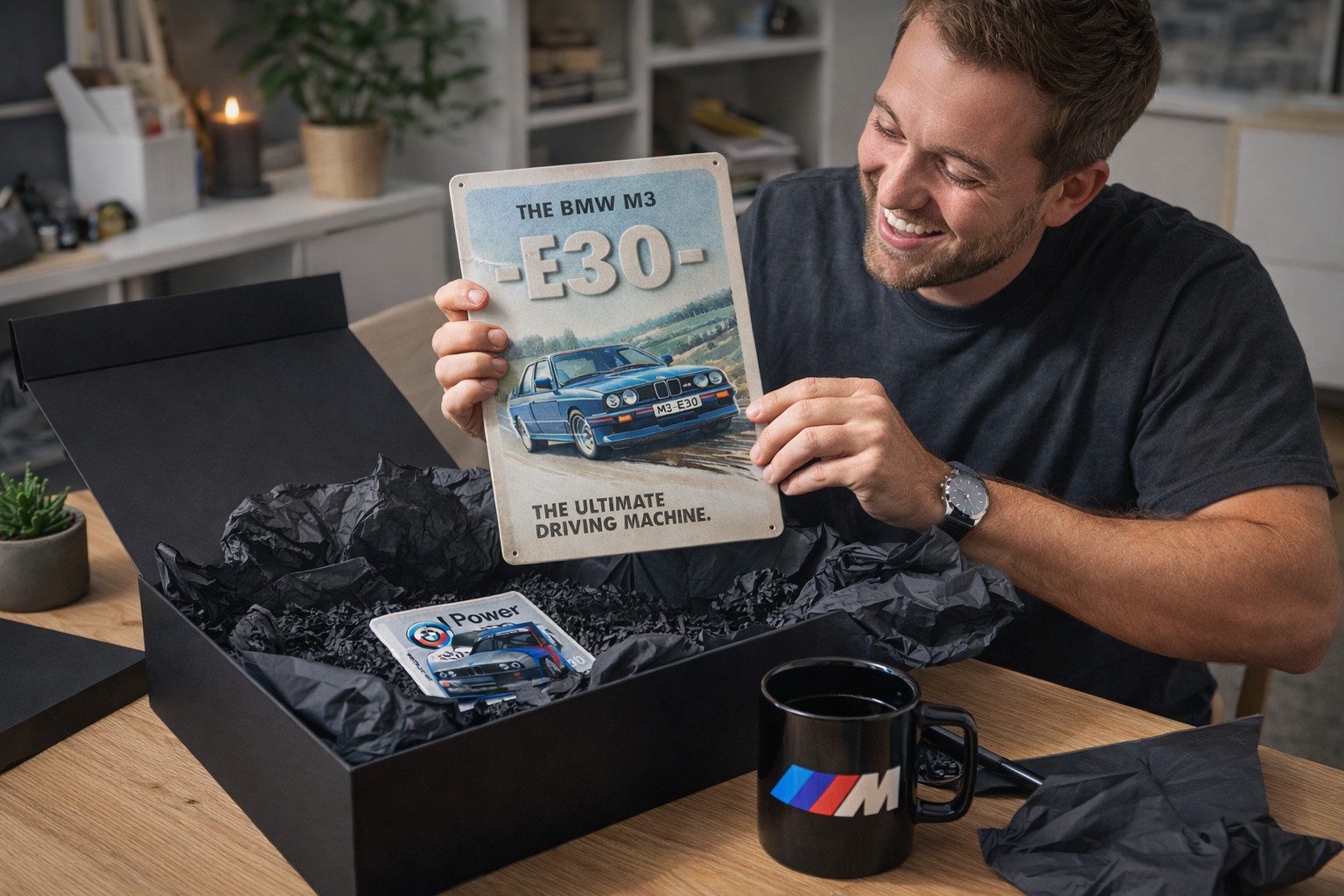 BMW Tasse Geschenkbox Geschenk-Set Blechschild BMW M3 E30 20x30cm Tasse Box, 3-tlg.