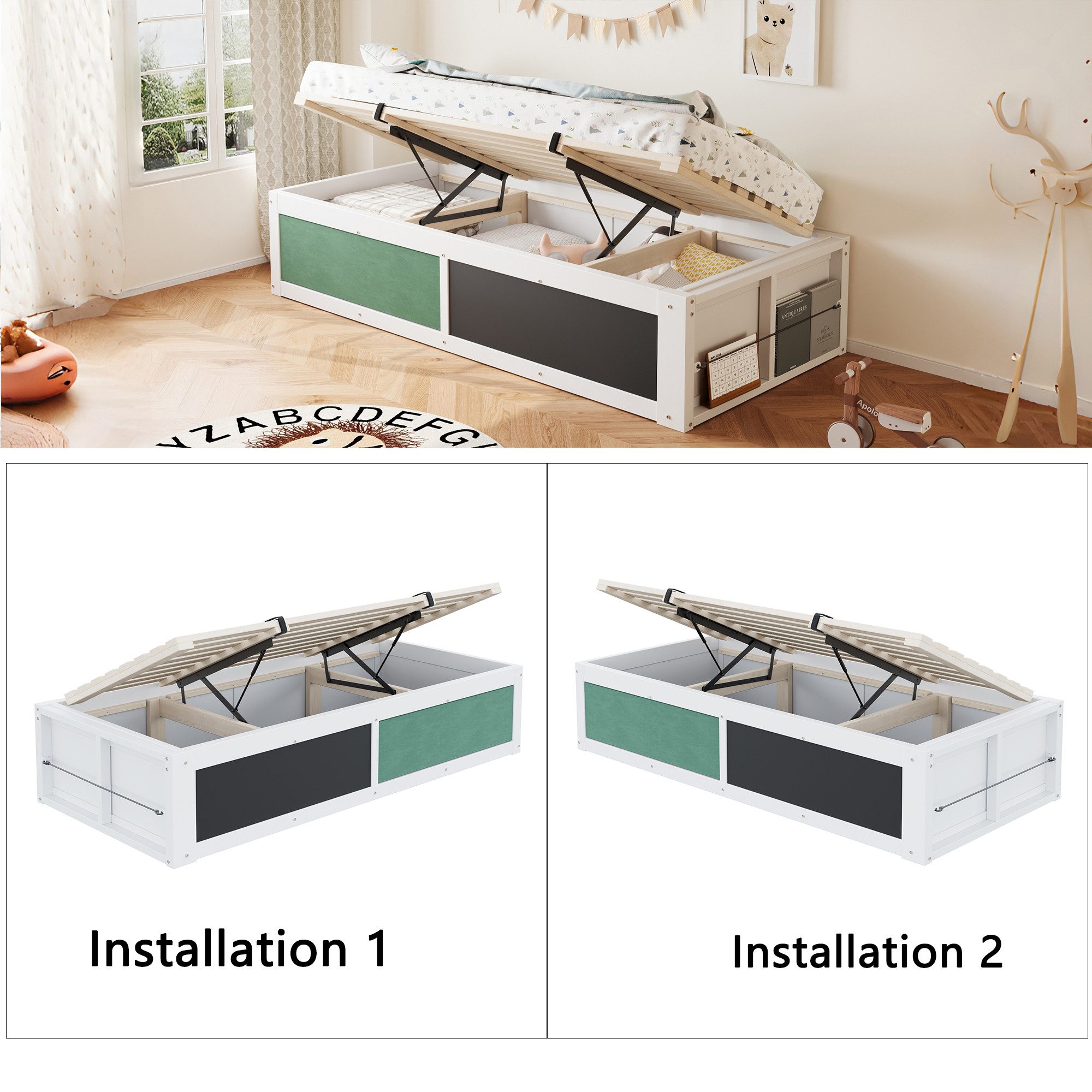 STILVORA Kinderbett 90×200 mit Schreibplatte,Holzbett Stauraumbett mit filzbezogener (mit Hydraulischer Verstellung, Schreibplatte und Stauraum, Links/Rechts Montierbar, 90x200cm), Inklusive Matratze
