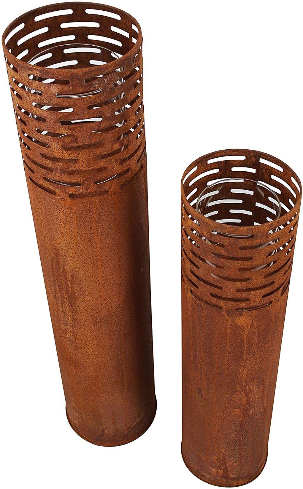 Dekoleidenschaft Bodenwindlicht Metall Windlichtsäule, Rost Finish, Outdoor Windlicht, Kerzenständer (2 St., im Set), 75 + 95 cm hoch, Kerzenhalter, Dekosäule mit Kerzenglas, Kerzensäule