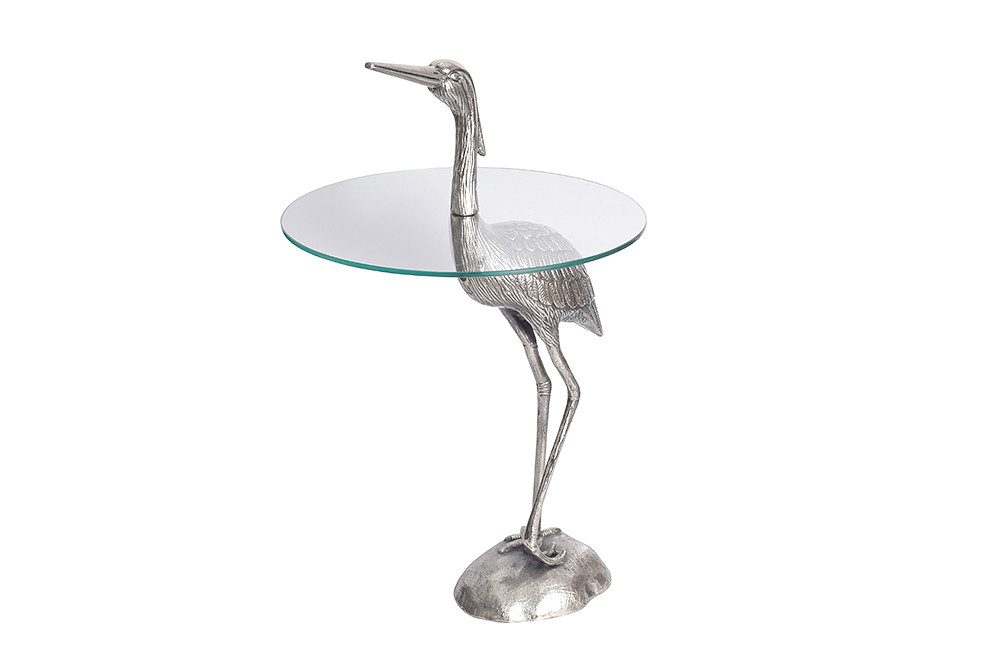 riess-ambiente Beistelltisch WILDLIFE HERON 90cm silber / transparent (Einzelartikel, 1-St), Wohnzimmer · Glas · Metall · rund · Skulptur · Urban Jungle · Design