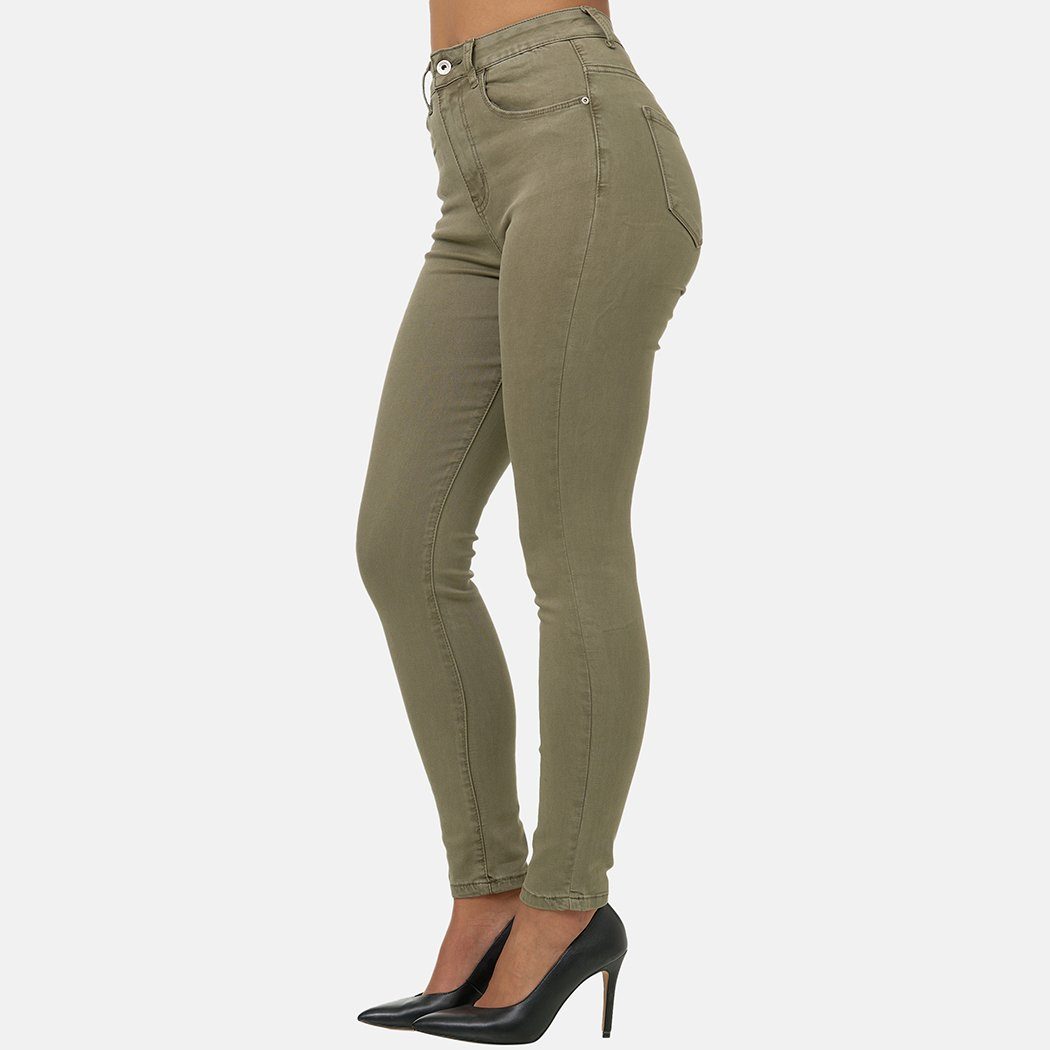 Elara High-waist-Jeans Elara (1-tlg) Khaki Super Damen High Waist Hose