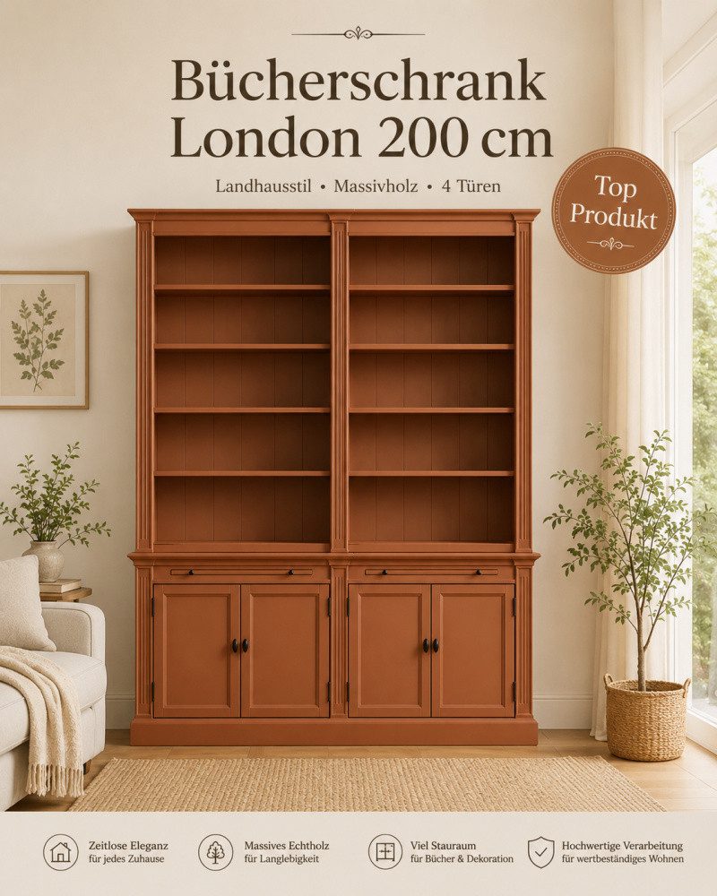 Wohnpalast Bücherregal Bücherschrank London 200cm - 2-teiliges Bücherregal im Landhausstil K