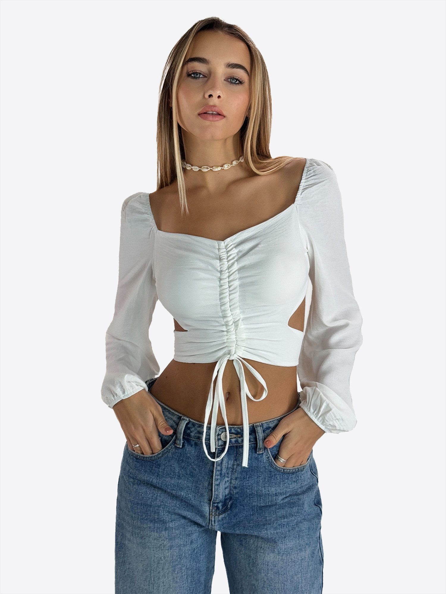 Elara Blusentop Damen Crop Bluse mit Raffungen – Figurbetontes Langarm Oberteil