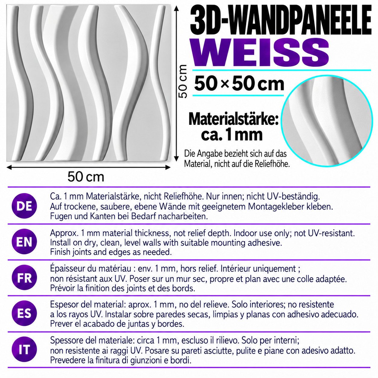 IKHEMalarka 3D Wandpaneel 3D Paneele PVC Kunststoffpaneele, BxL: 50,00x50,00 cm, 0,25 qm, (1 Stück, 3D Wandpaneele Deckenpaneele) hochwertige & harte PVC 3D Pla – Bild 2 von 5