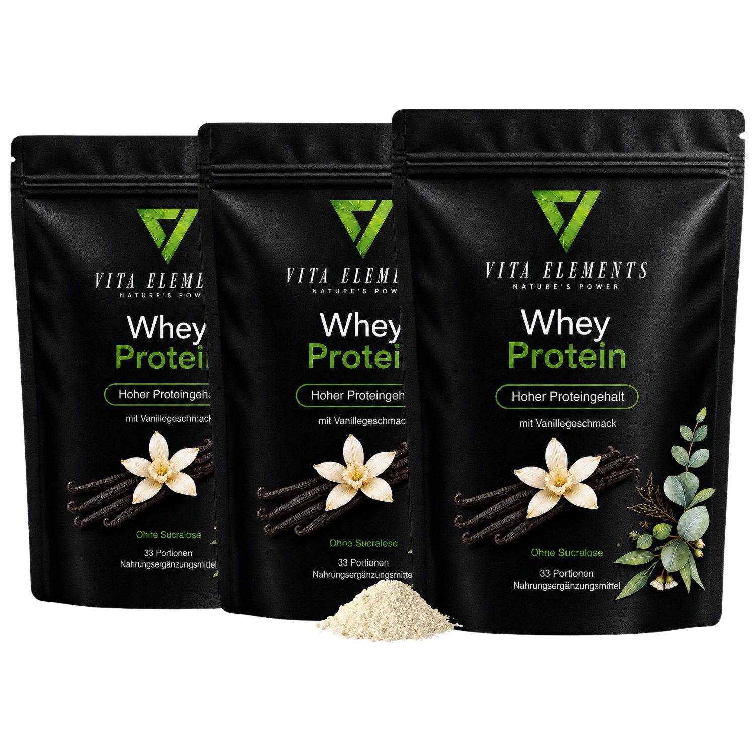 Vita Elements Whey Protein Vanille - Molkenprotein mit 24g Eiweiß pro 30g Pulver, 3 er Spar-Set à 1000 g, Hoher Proteingehalt, Ohne Sucralose, Zuckerarm, Laborgeprüft