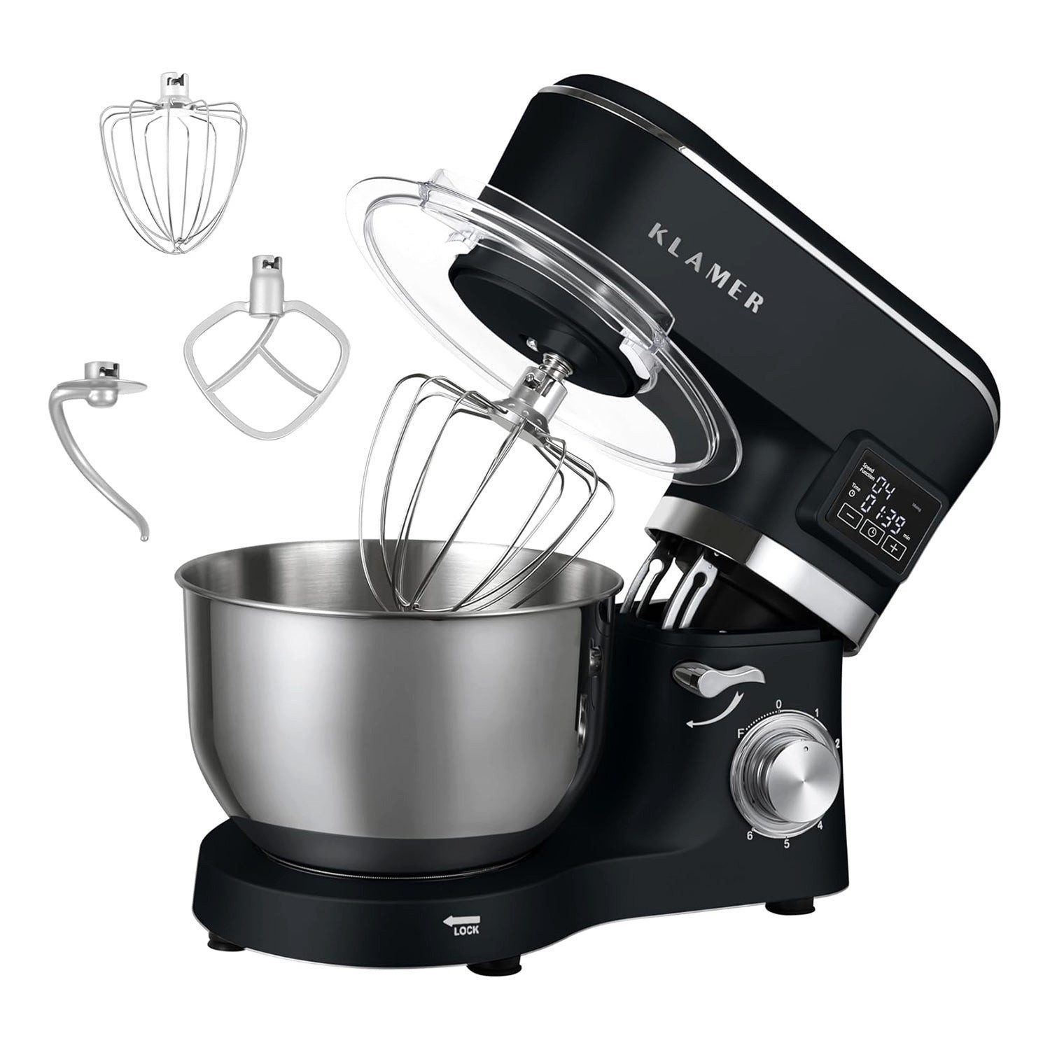 KLAMER Küchenmaschine 1400W, Knetmaschine mit 5,5 Liter Edelstahl Schüssel, 6 Geschwindigkeitsstufen mit Timer, Rührbesen, Knethaken, Schneebesen und Spritzschutz, schwarz, 1400 W, 5,5 l Schüssel, Spritzschutz, 3 Aufsätze, Saugfüße, digitales Display, Timer