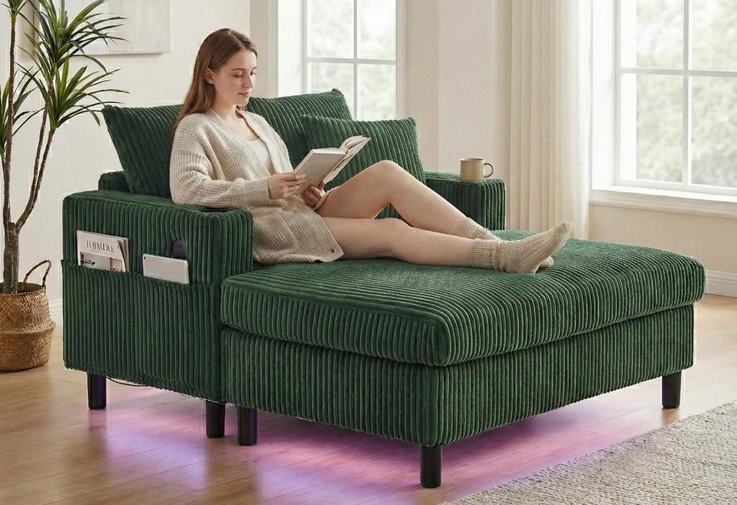 LVHOM Polsterliege XXL Relaxsessel mit LED-Licht & Ladestation - Haustierfreundlich (3 abnehmbare Kissen, große Seitentaschen, USB/Typ-C-Ladeanschlüssen, Getränkehalter, Großer Chaiselongue-Sessel, Ottomane in kratzfestem Samtstoff), Ergonomische Polsterung für Wohnzimmer, Büro oder Wintergarten