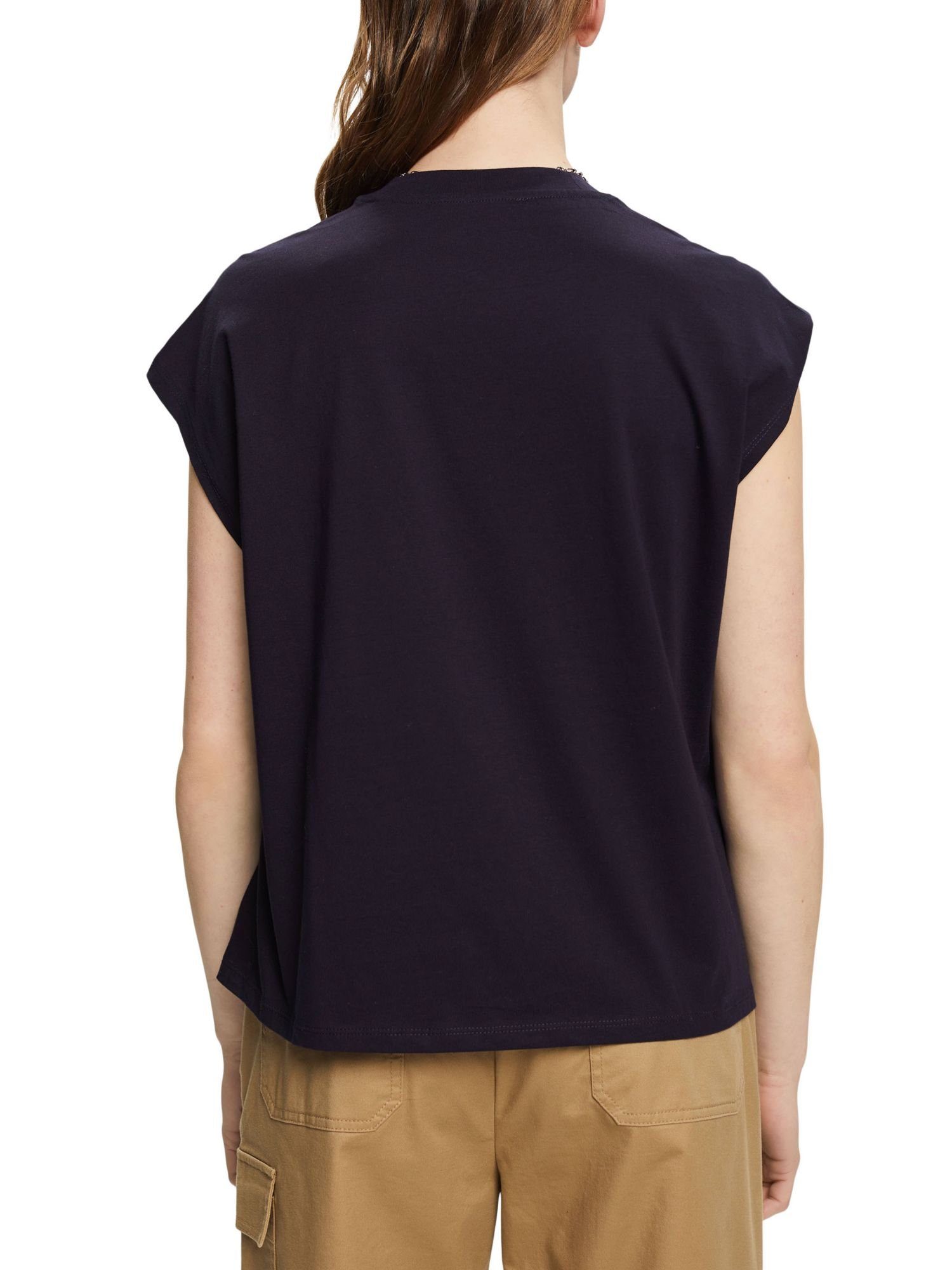 T-Shirt NAVY mit Esprit edc Baumwoll-T-Shirt (1-tlg) Ärmelloses Blumenverzierung by