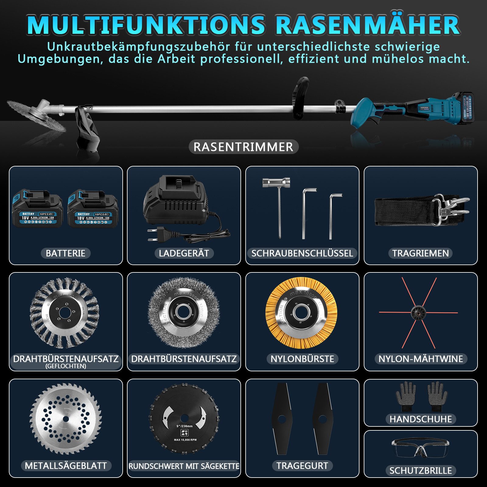 XIIW Akku-Motorsense Akku-Rasentrimmer Teleskop Freischneider 1380W 18800U/min Bürstenlos, 30 cm Arbeitsbreite Messer, (Set, 19 St., Set mit 2 Akkus und Zubehör), Multifunktions-Freischneider mit Bürsten & Sägeblättern Set