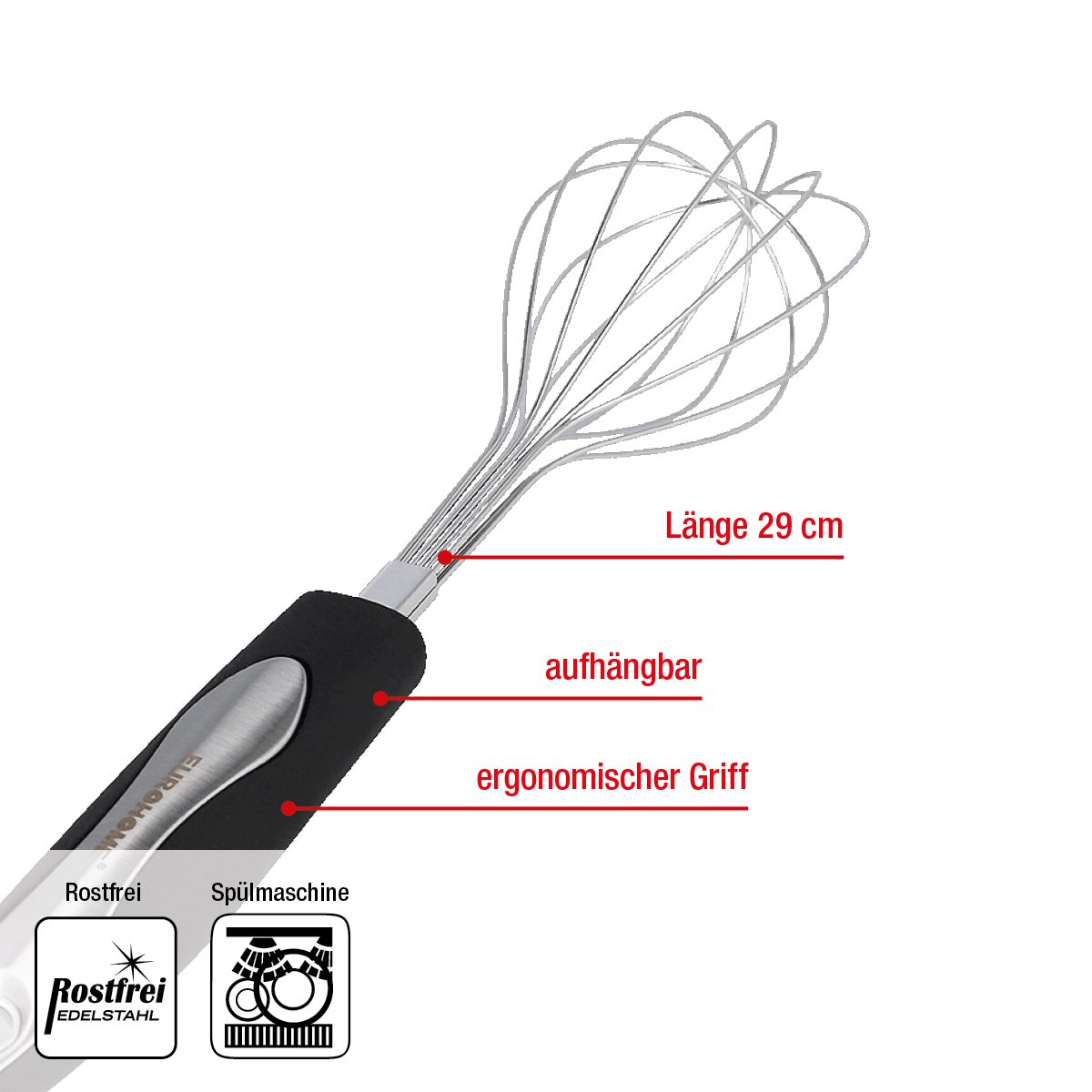 EUROHOME Schneeschläger Schaumschläger Carmen aus rostfreiem Edelstahl spülmaschinengeeignet, Rührer Mixer mit ergonomischem Kunststoffgriff