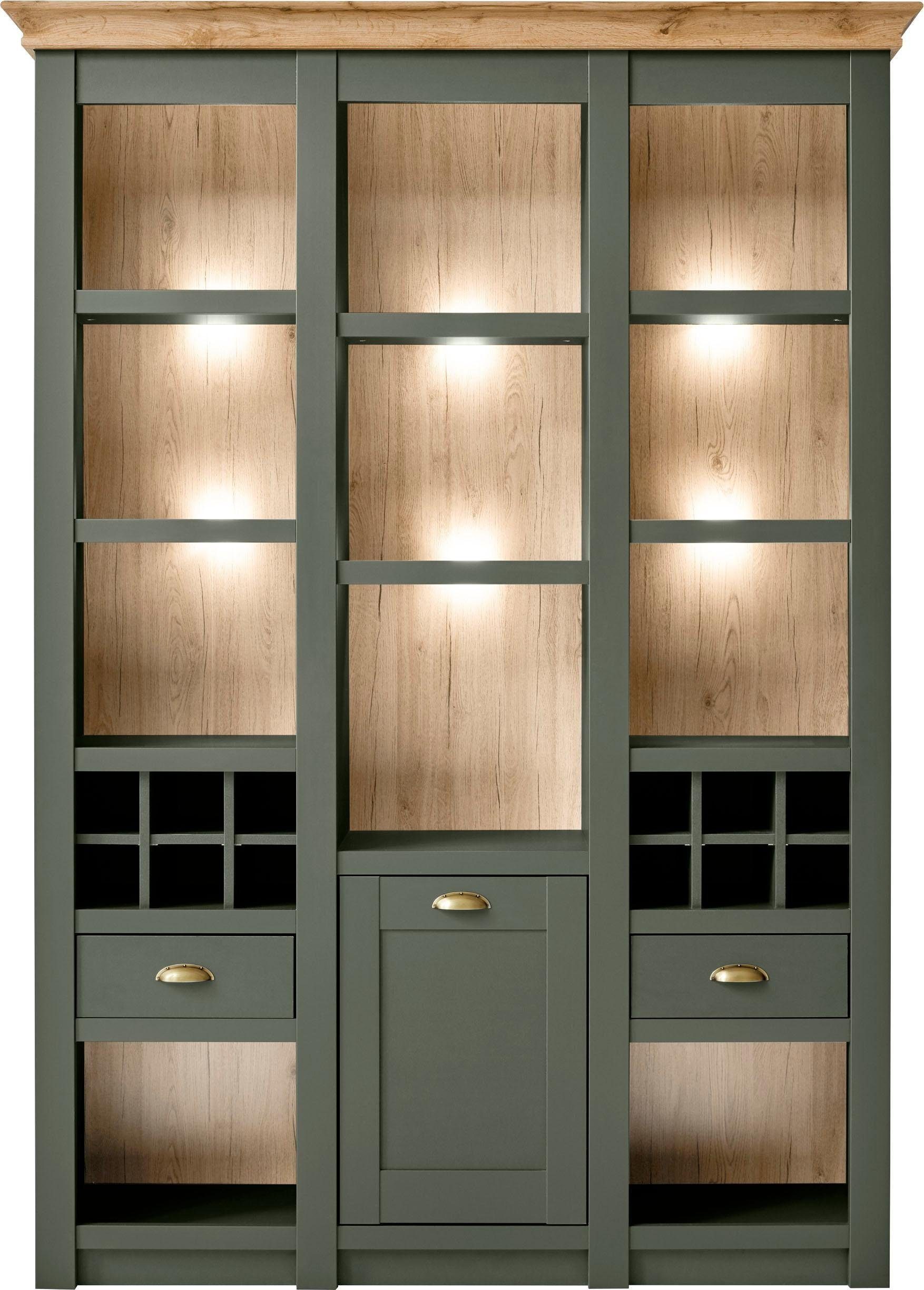 Home affaire Vitrine Cambridge, Buffet im Landhausstil, moderner Schrank, Hochschrank schöne Kranzoptik, messingfarbene Metallgriffe, 207 cm hoch