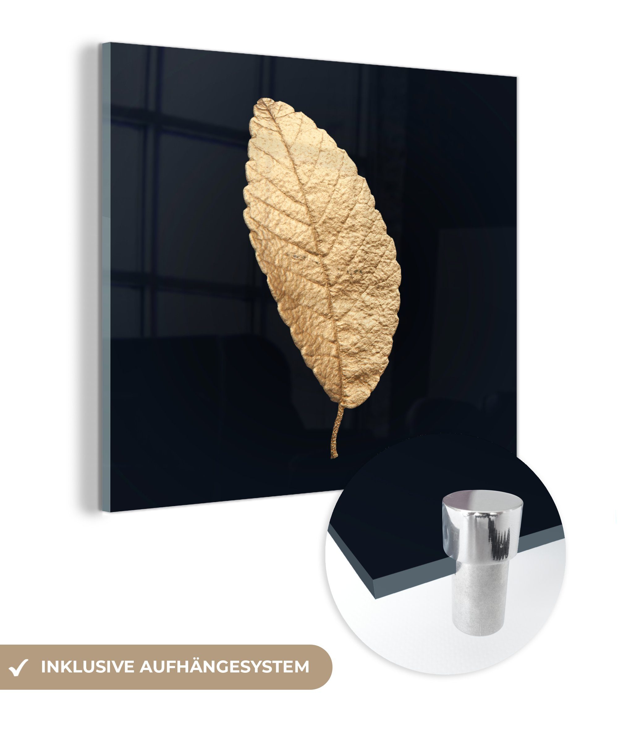 MuchoWow Acrylglasbild Schwarz und Gold Schwarz Glasbilder St), auf bunt (1 Glas Luxus, - auf - - - - Glas - Foto Wanddekoration Wandbild Blätter Bilder Pflanzen 