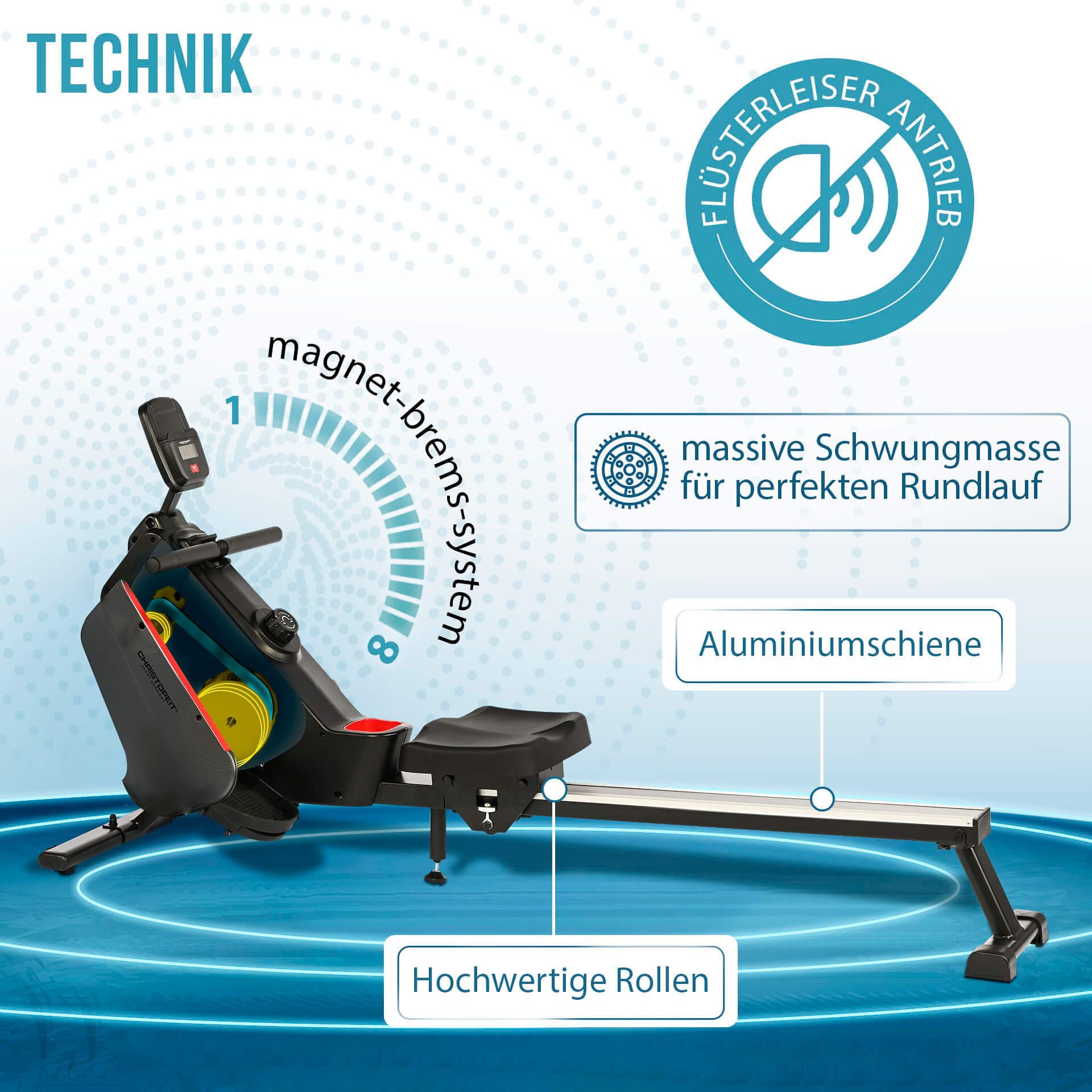 Christopeit Sport® Rudergerät RW 1000 (Bluetooth Verbindung für optionalen BT-Pulsgurt, Sport), Rudermaschine, 120 kg max. Benutzergewicht