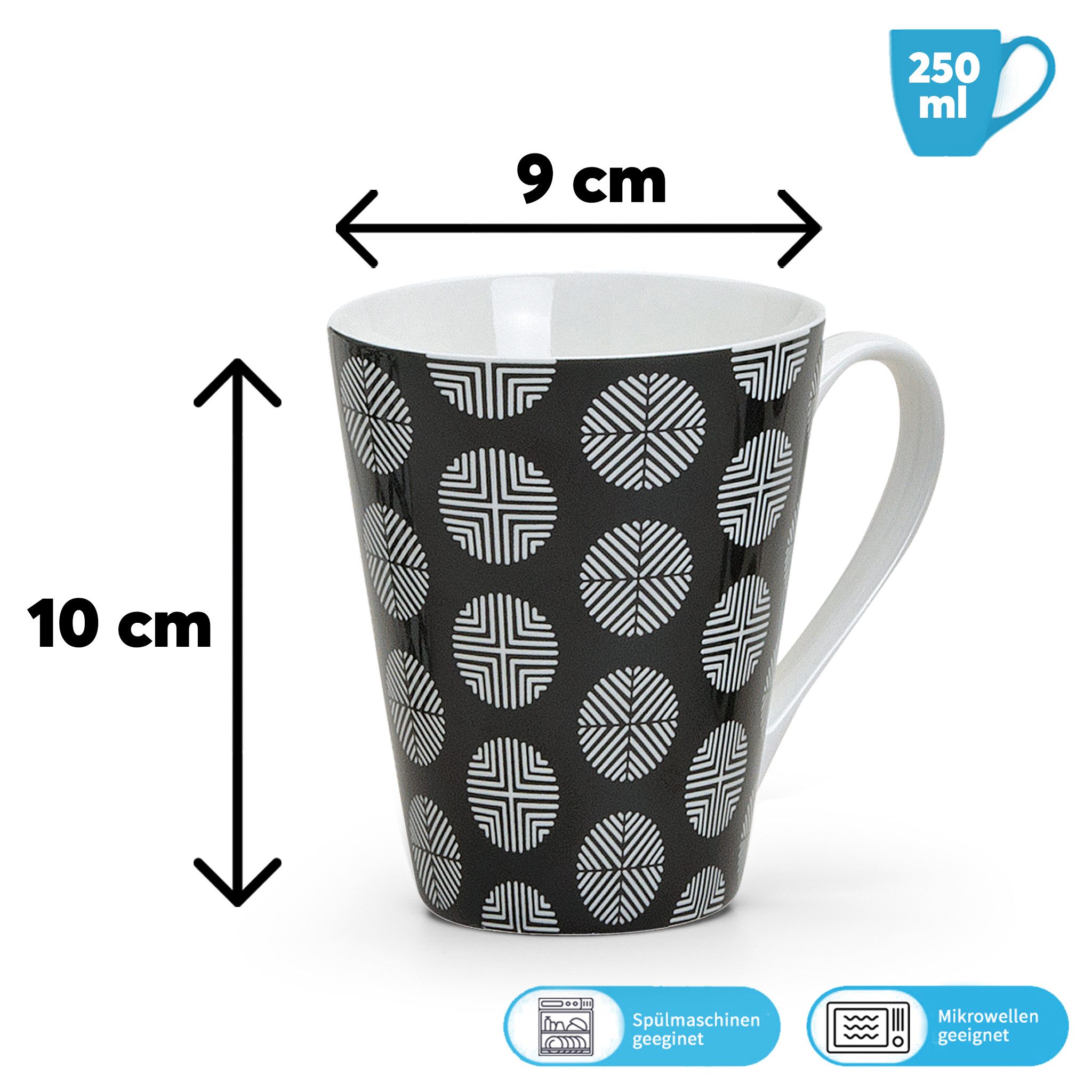 matches21 HOME & HOBBY Tasse Kaffeetassen 4er Set Retro Muster geflochten gestreift, 4-tlg., Keramik, Tee Kaffee-Becher, modern, schwarz weiss, 250 ml