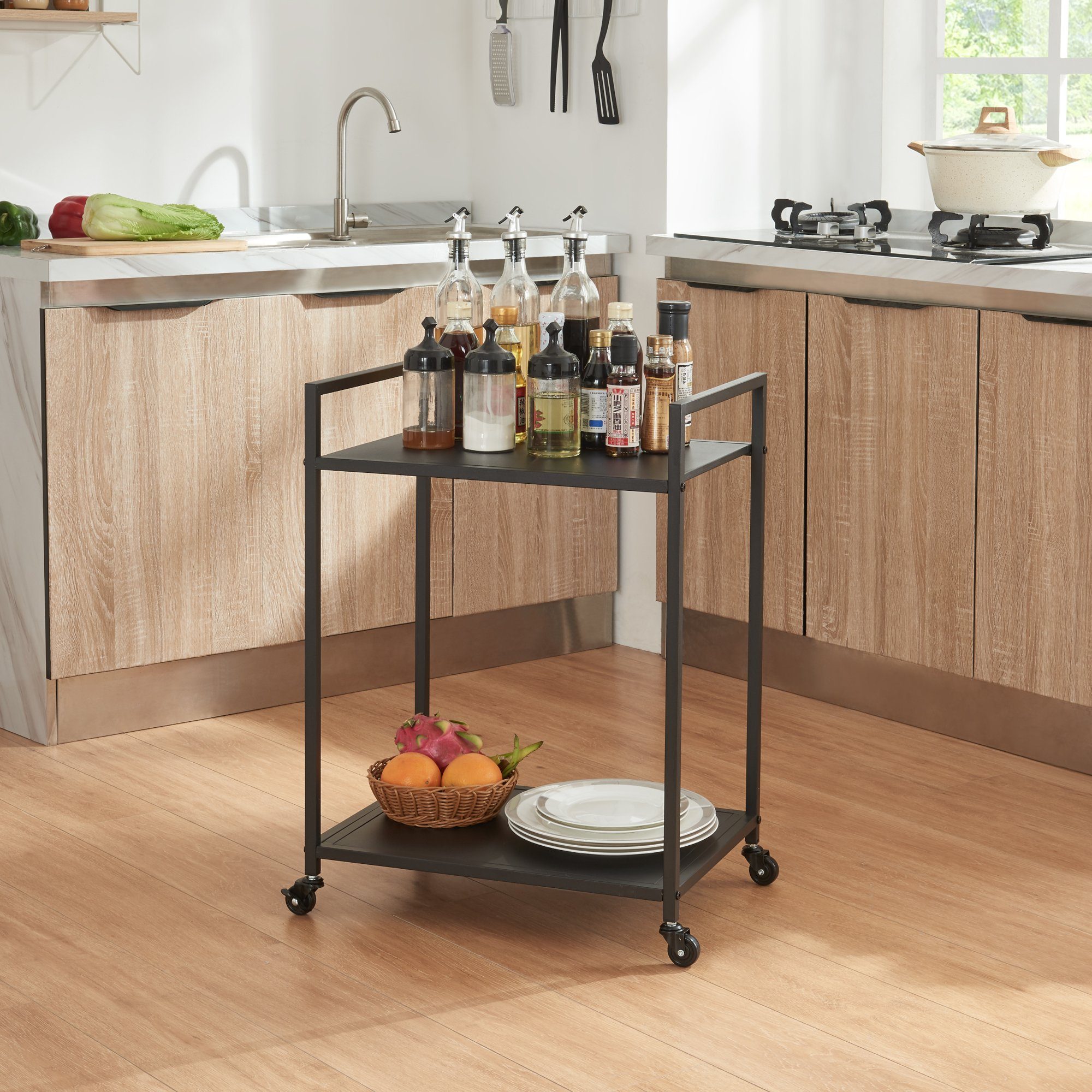 en.casa Servierwagen, »Lesja« mit 2 Ablagen Metall 68,5 x 50 x 36 cm Schwarz