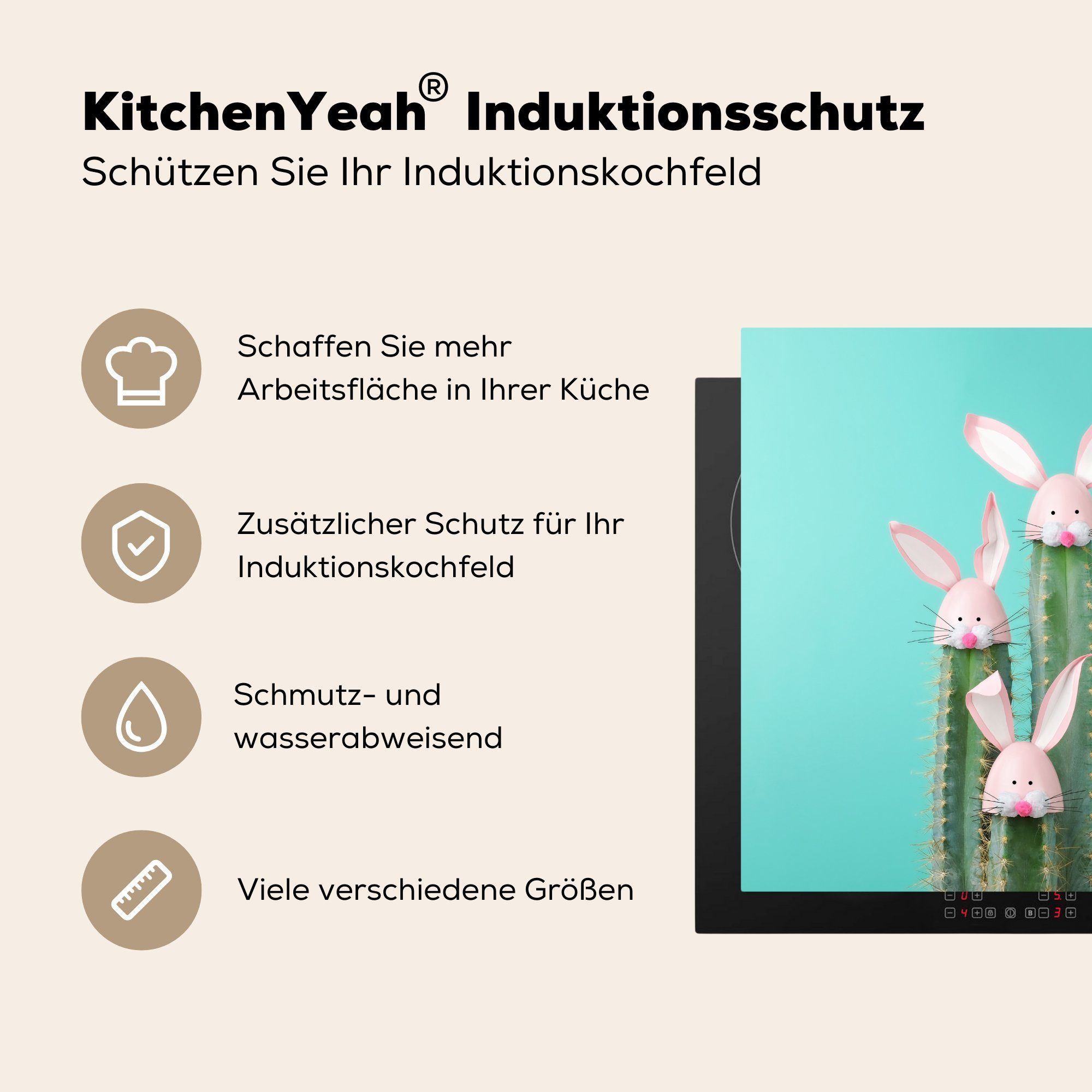 küche Osterhasen-Dekoration 78x78 (1 auf MuchoWow cm, tlg), für Vinyl, Herdblende-/Abdeckplatte Arbeitsplatte Ceranfeldabdeckung, Kakteen,