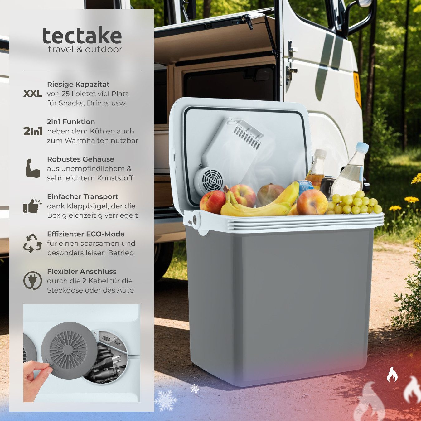tectake Kühlschrank Kühlschrank, 45,00 cm hoch, 44,00 cm breit, AC- und DC-Kabel, mit Kabelfach, Steckdosen- und Autoanschluss