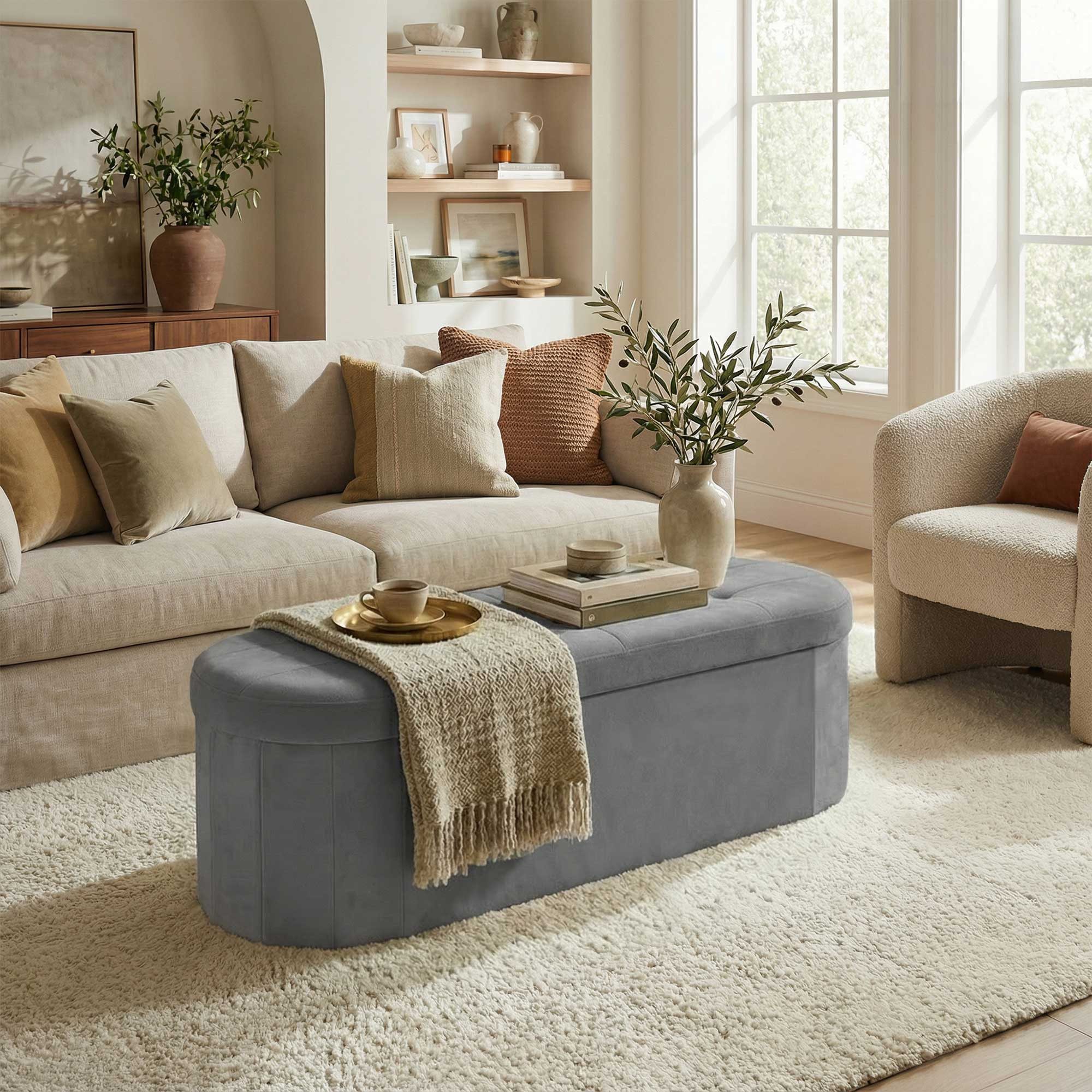 SONGMICS Sitzhocker Sitzbank, für Wohnzimmer, Flur, Schlafzimmer, 110 L, 38 x 110 x 38 cm, mit Stauraum, Aufbewahrungsbox, faltbare, einfacher Aufbau, Samt, grau