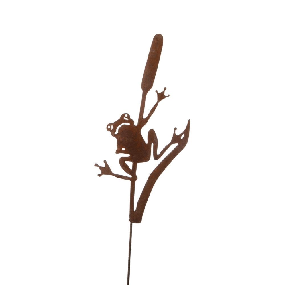 Dragimex Gartenstecker Metall Stecker. FROSCH auf Rohrkolben. Rost Gartenstecker. 63 cm.