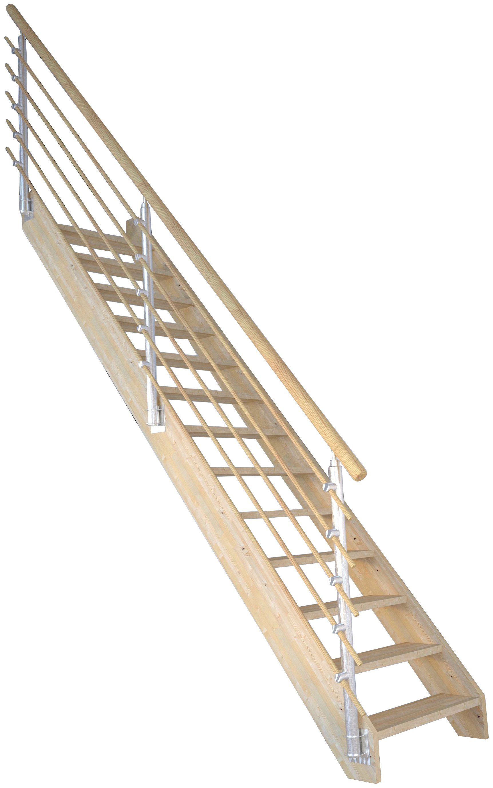 Geschosshöhen Holzrundstäb, bis Massivholz Korfu, cm, Raumspartreppe Stufen Wangenteile Design-Geländer für Starwood offen, Durchgehende 300