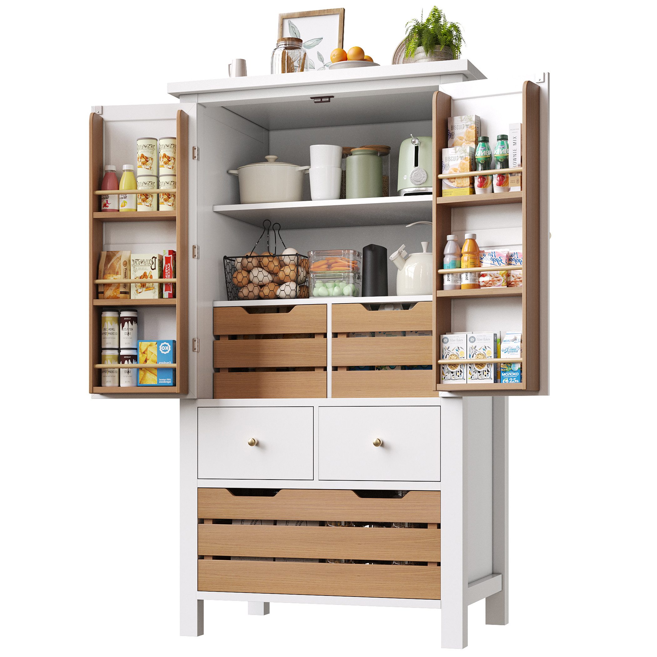 SeedWave Buffet Kontrastfarbener Küchenschrank mit 2 Schranktüren, 5 Schubladen Küchenbuffet inkl. 6× Regale, Kippschutz-Set