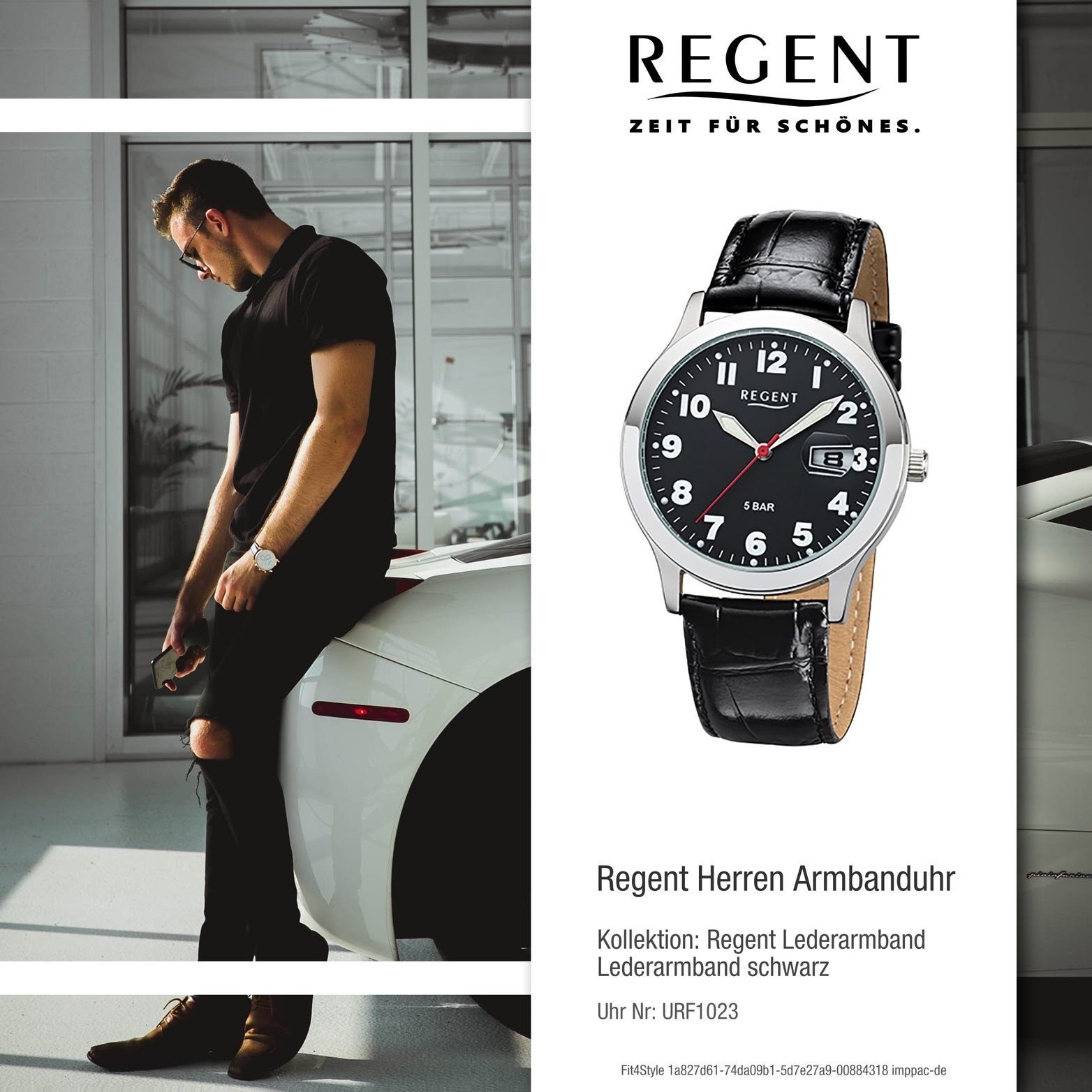 Regent Quarzuhr Regent Leder Herren Gehäuse, schwarz, mittel 39mm) Lederarmband Uhr rundes Herrenuhr (ca. Quarzuhr, F-1023