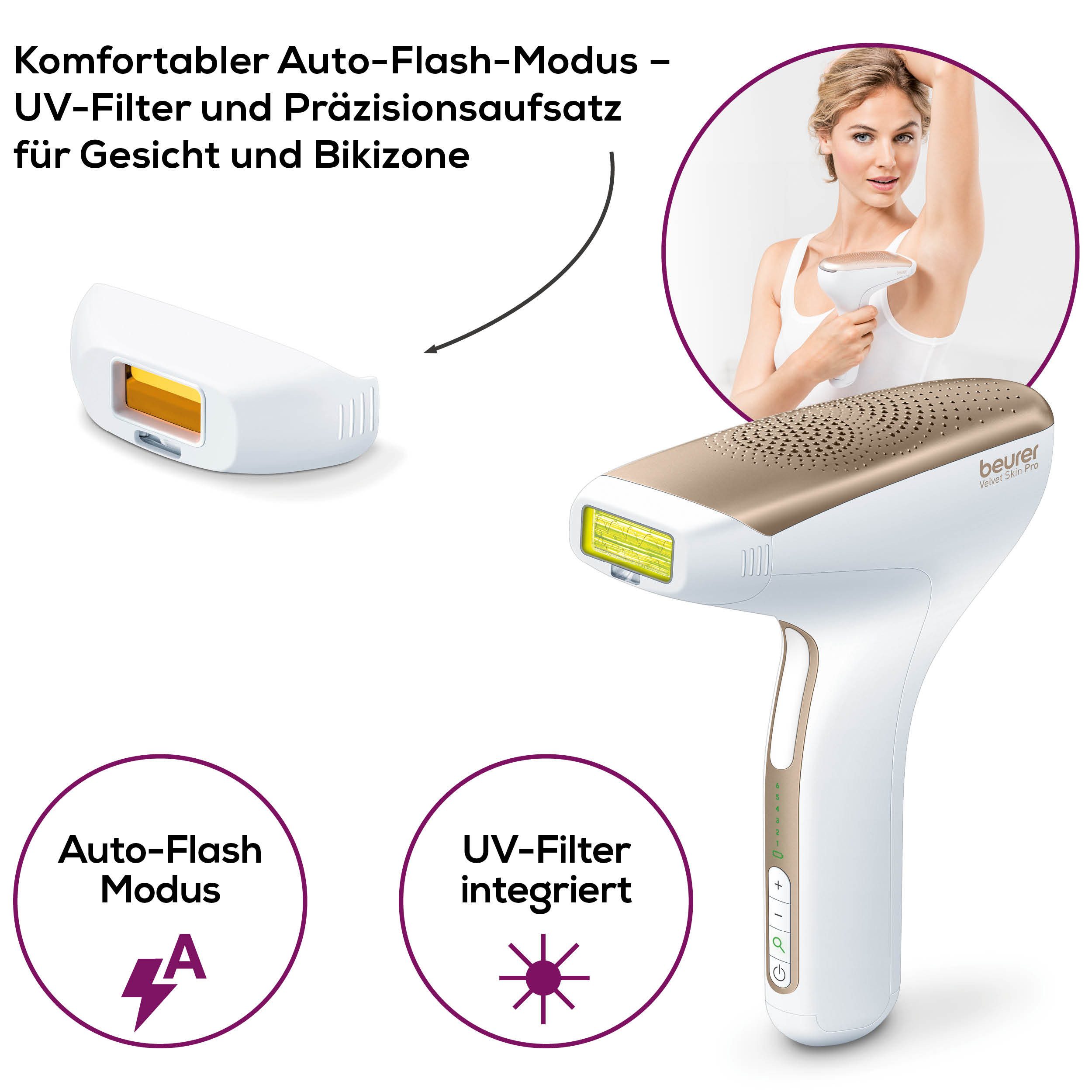 BEURER IPL-Haarentferner IPL 8500 für langanhaltende Haarentfernung durch Lichttechnologie, 300000 Lichtimpulse, Kraftvolles Akkugerät für eine flexible, kabellose Anwendung goldfarben|weiß