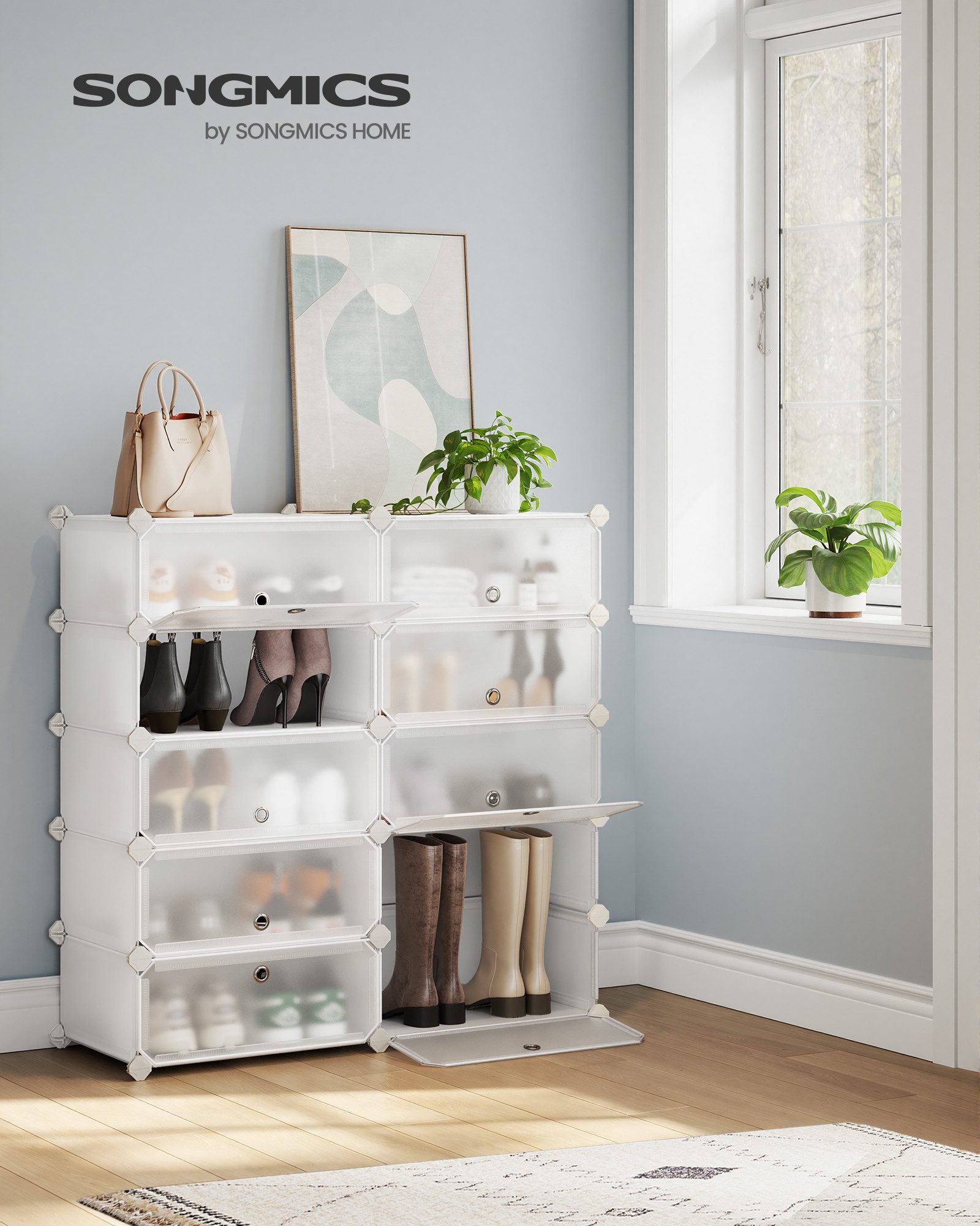 SONGMICS Schuhregal Steckregal, Regalsystem, Schuh-Organizer, 10 Ebenen, 43 x 31 x 173 cm, mit Tür, PP-Kunststoff, mit Gummihammer, Umkippschutz, transparent