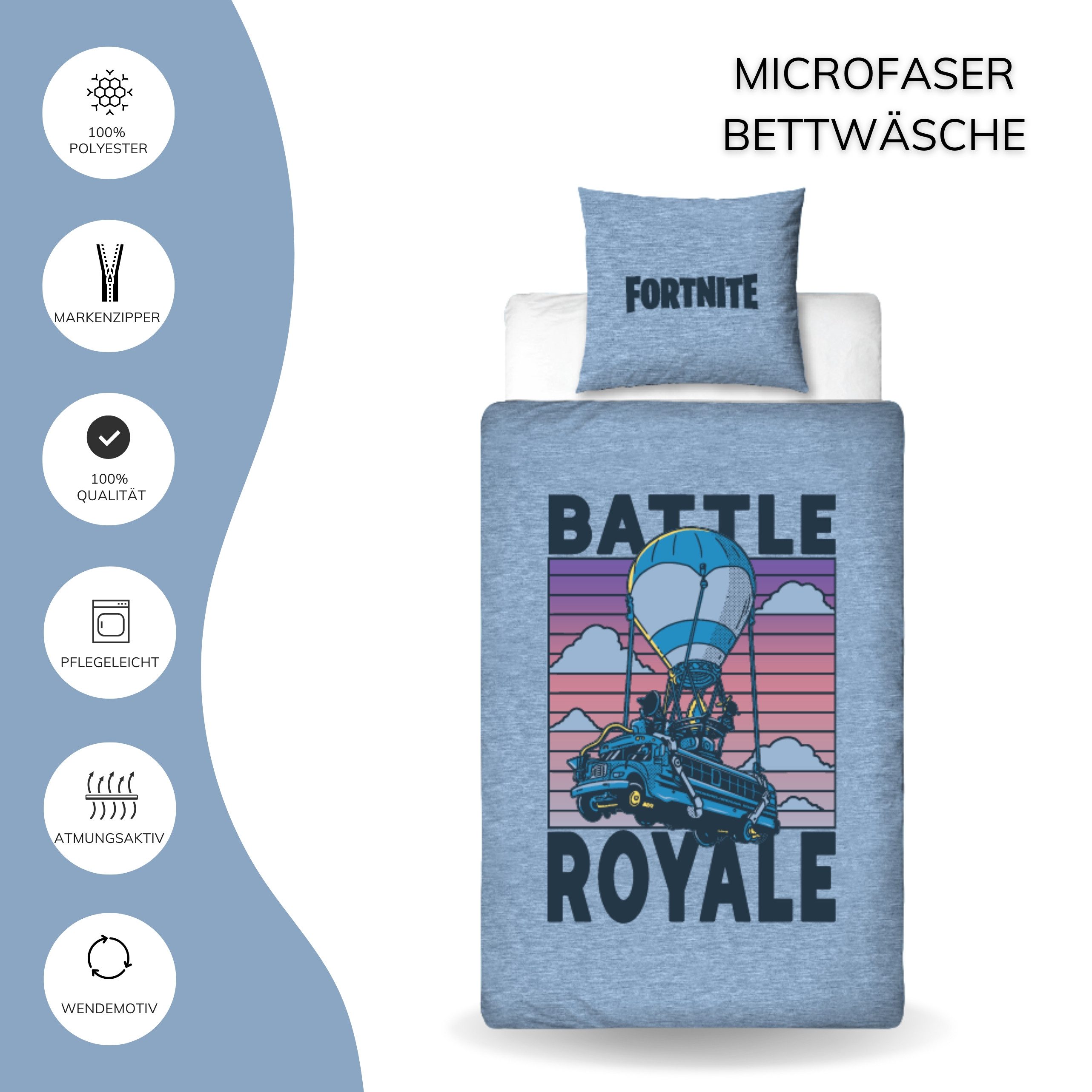 MTOnlinehandel Bettwäsche Fortnite Battle Royale, 135x200 + 80x80 cm, Geschenk für Gamer, 100% Polyester, 2 teilig, Wende-Motiv für Gamer • Battle Bus