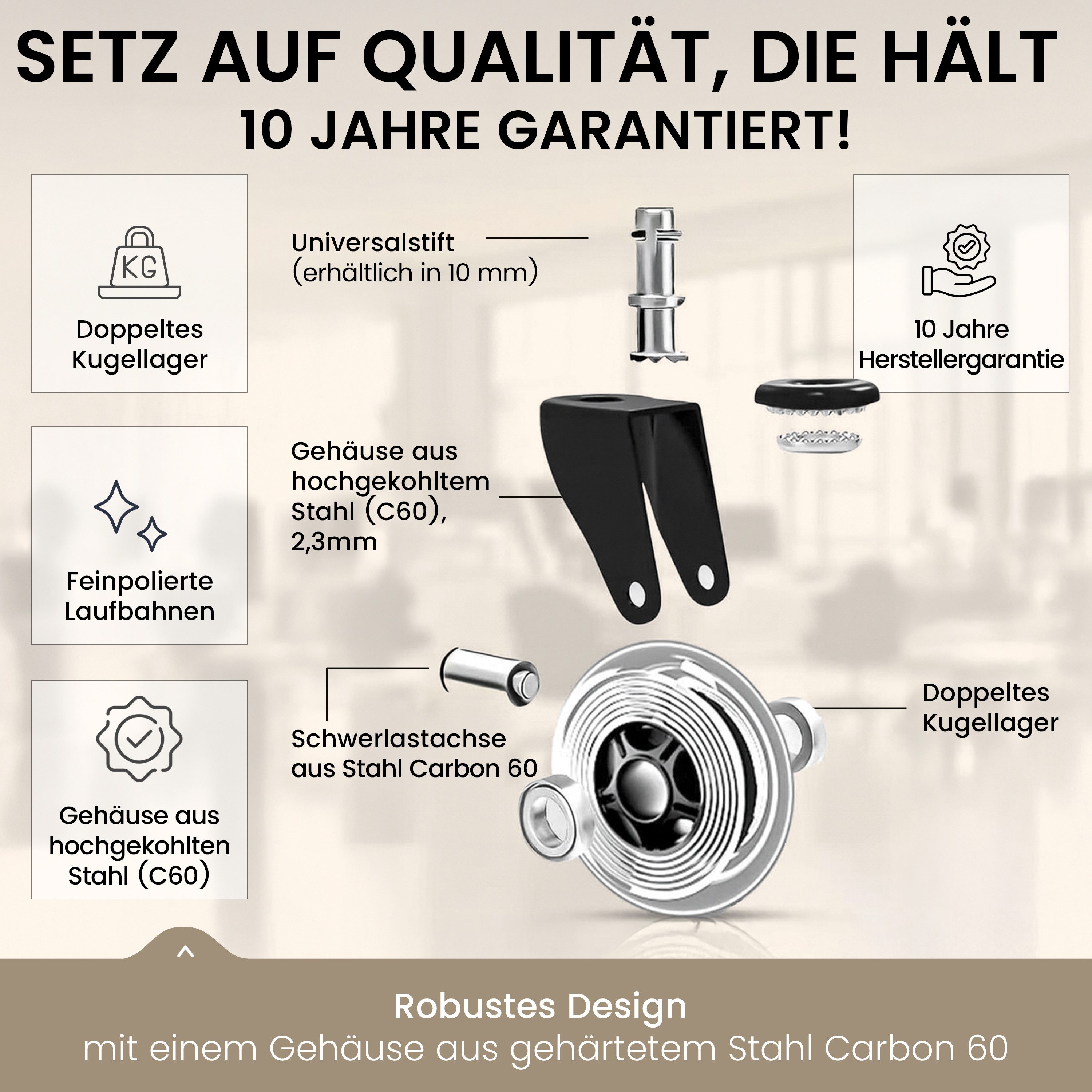 TPFLiving Stuhlrolle TPFLiving Bürostuhlrollen - Stuhlrollen Premium - 10 Jahre Garantie, (5-St., 5er Set Rollen für Bürostuhl 10x22mm - Invictus ProGlide schwa – Bild 4 von 5